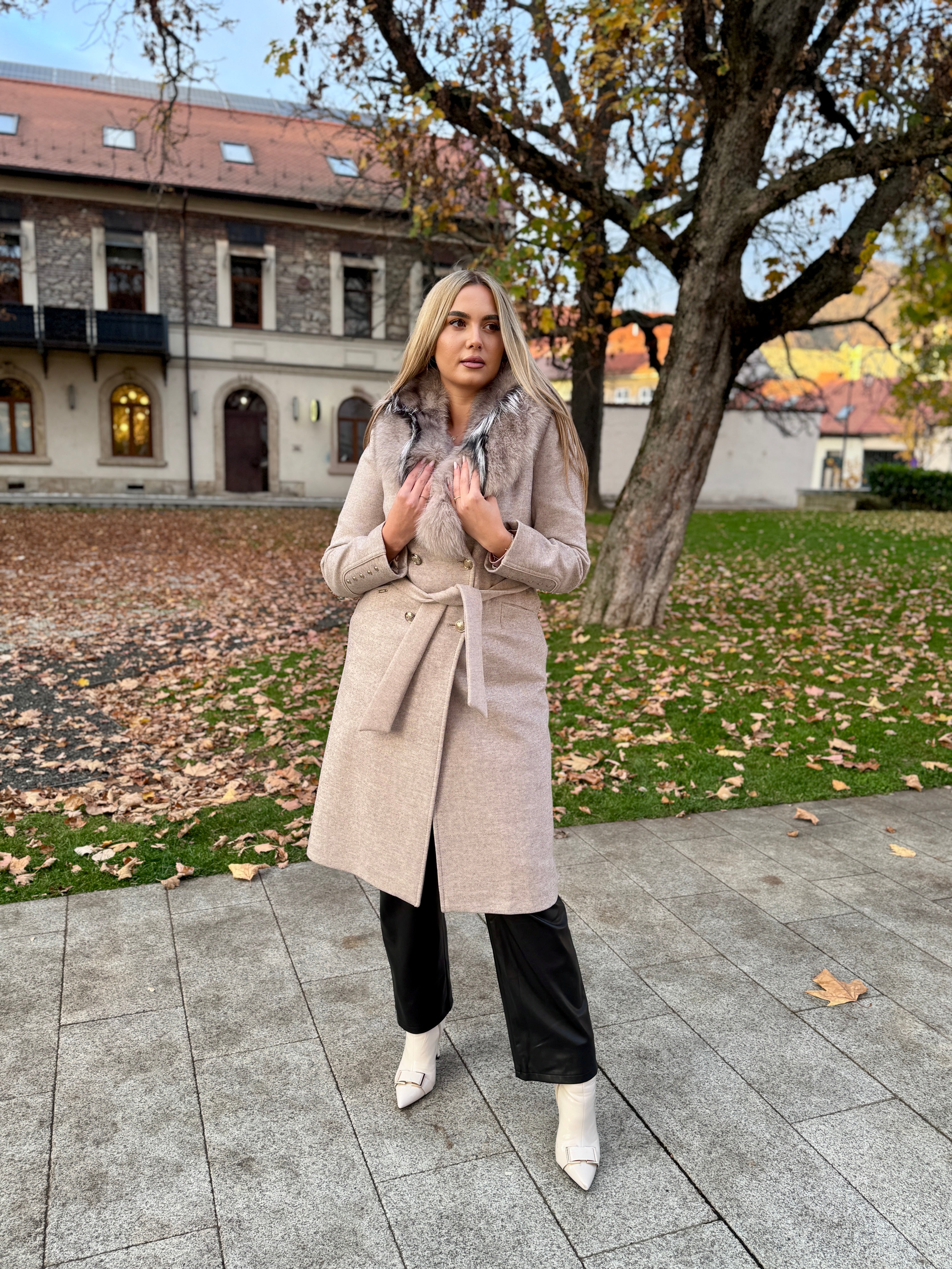 Palton lana si casmir cu blana naturala Klara