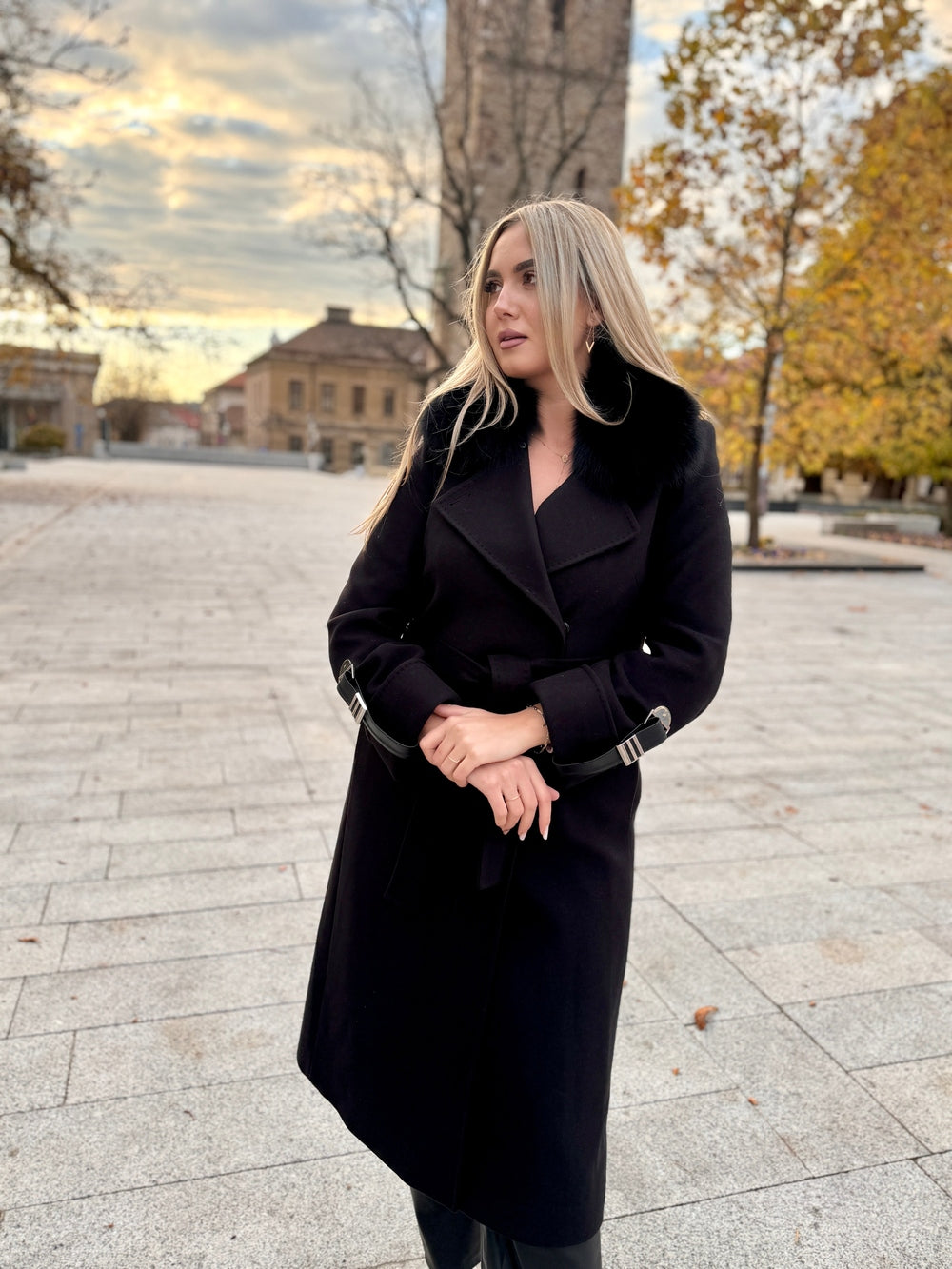 Palton lana si casmir cu blana naturala Amira