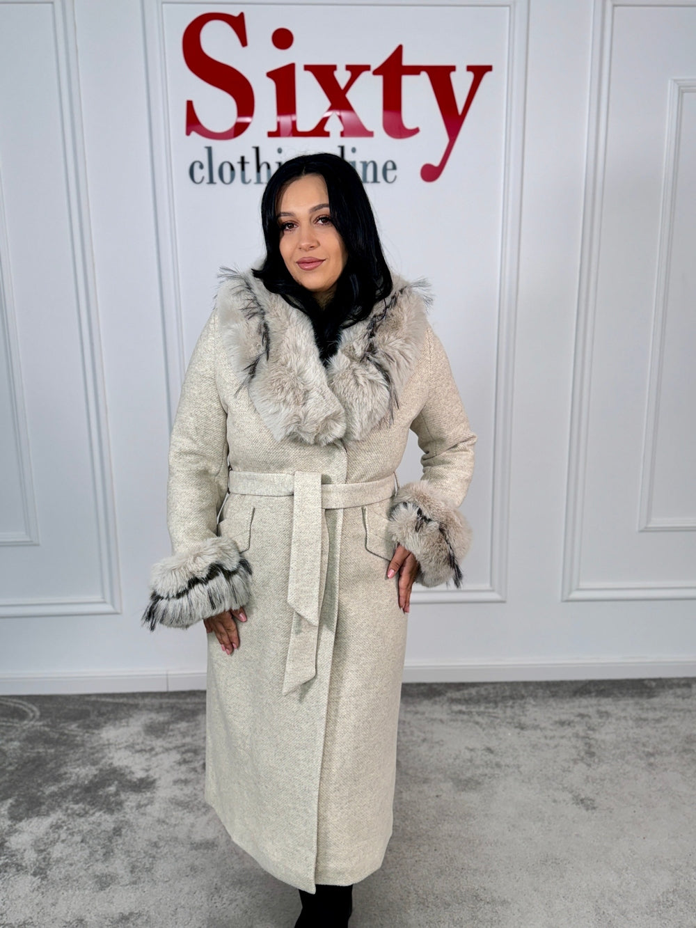 Palton stofa cu blana ecologică Bianka