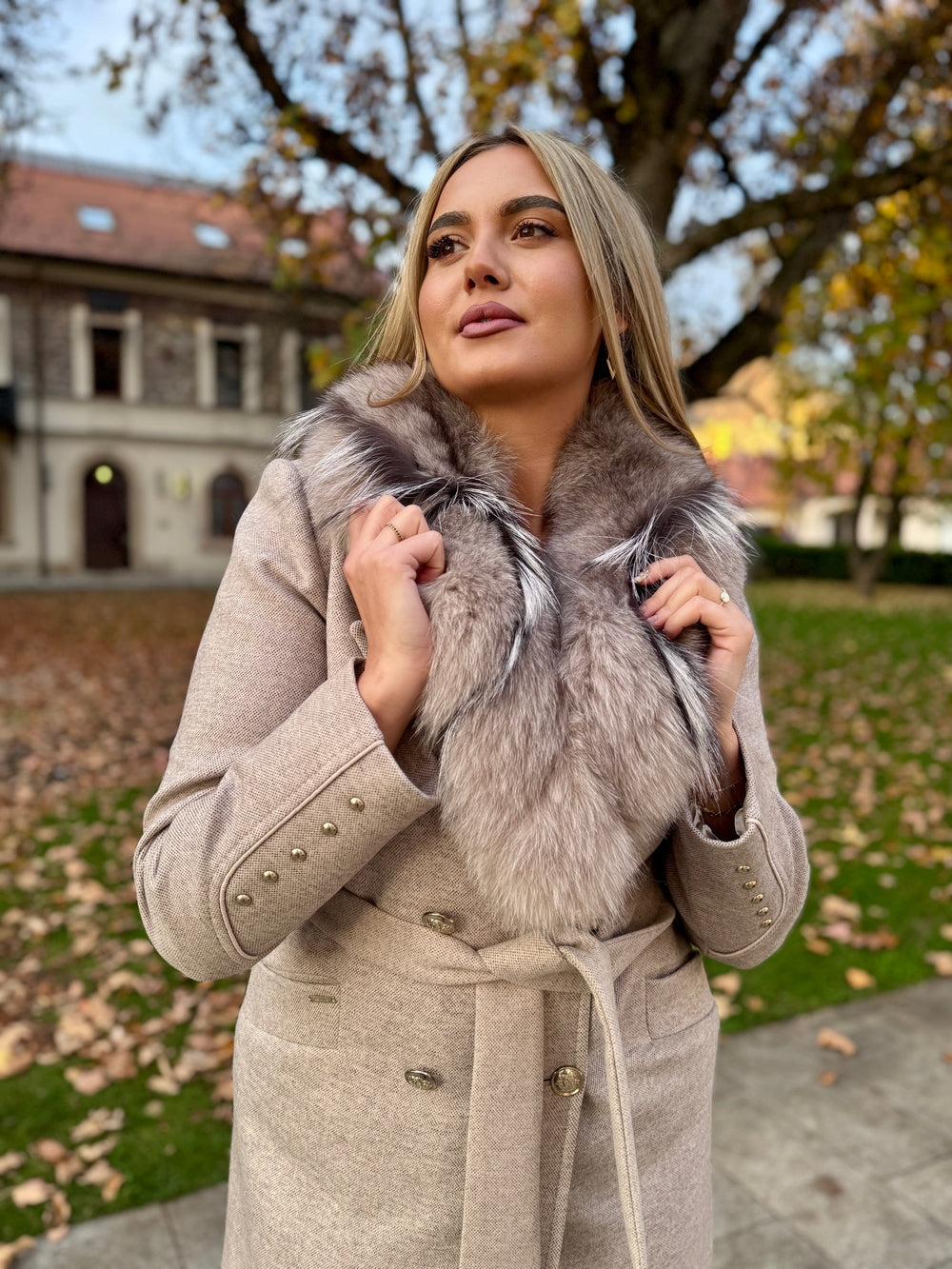 Palton lana si casmir cu blana naturala Klara