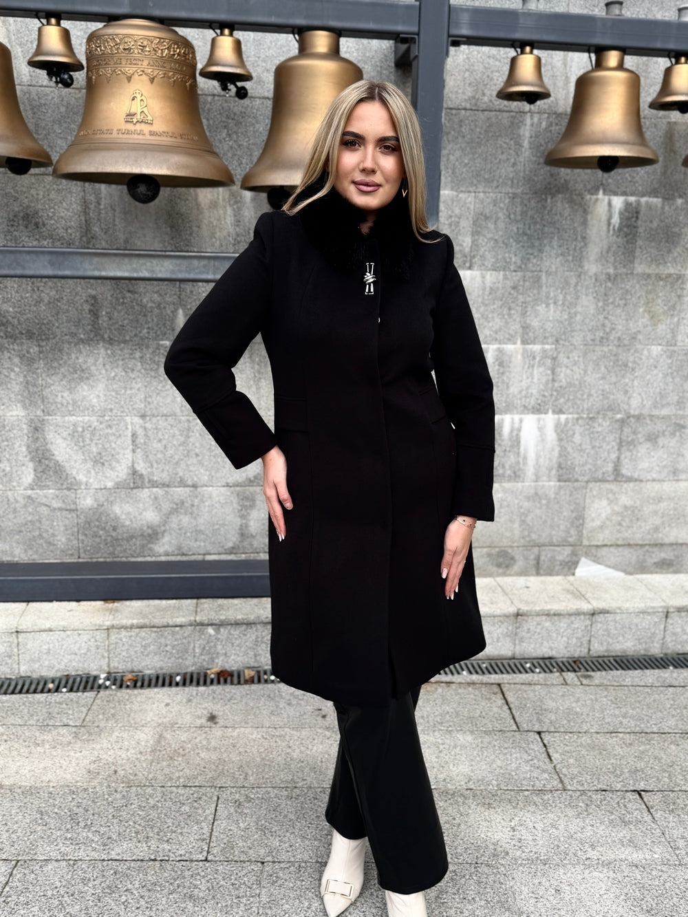 Palton lana si casmir cu blana naturala Eva