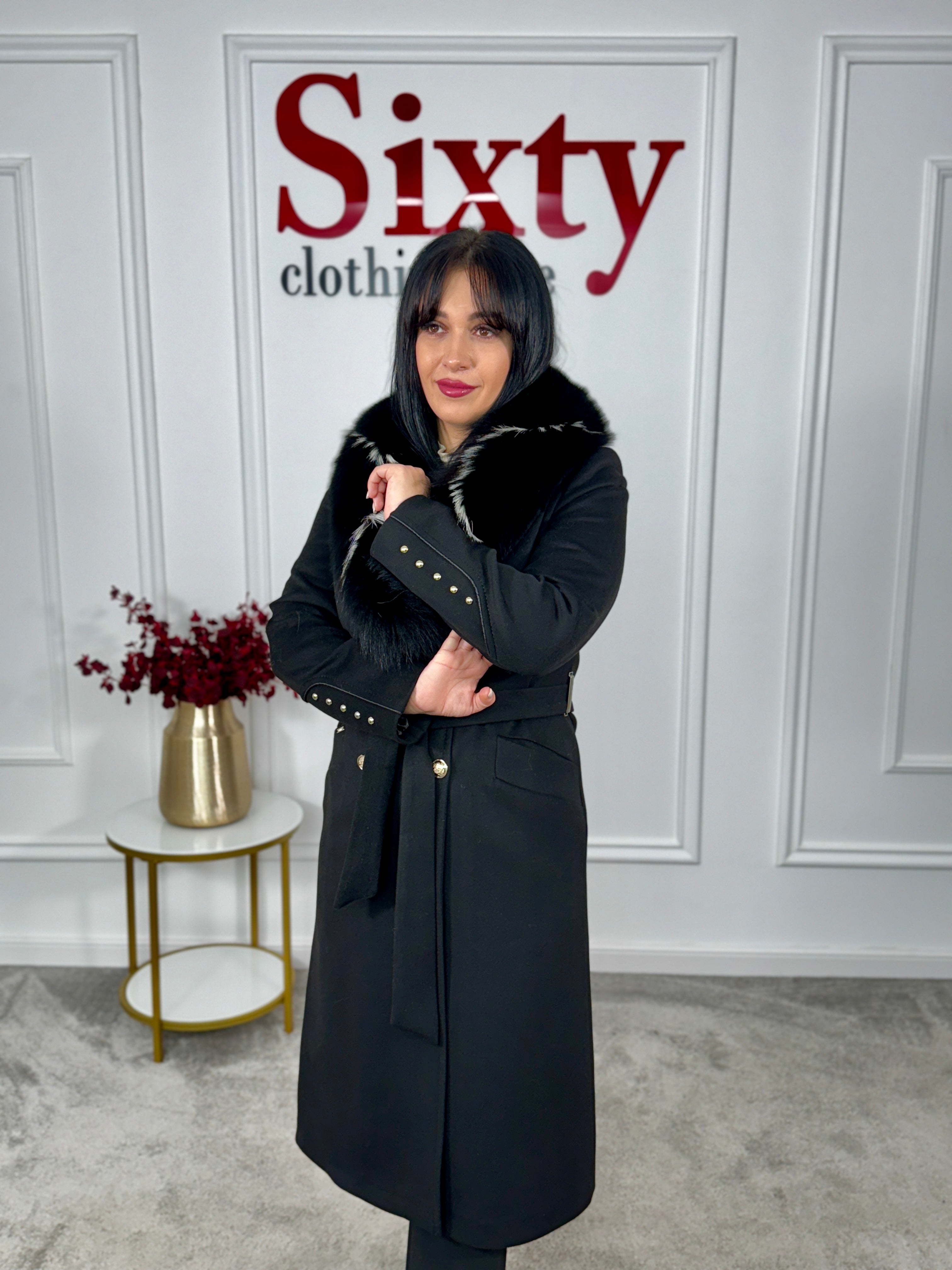 Palton lana si casmir cu blana naturala Klara