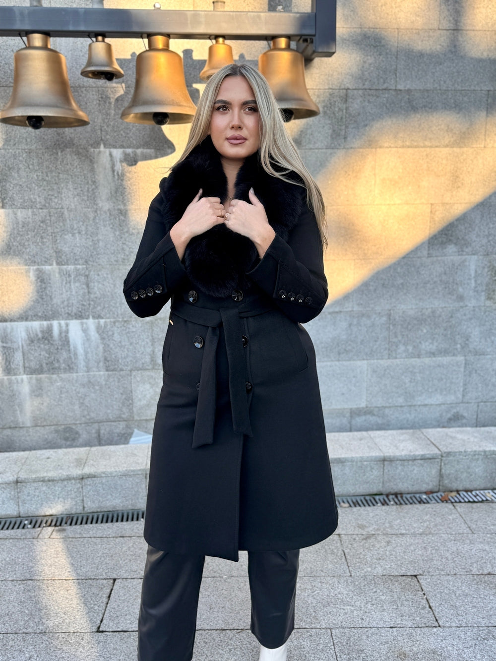 Palton lana si casmir cu blana naturala Kamira