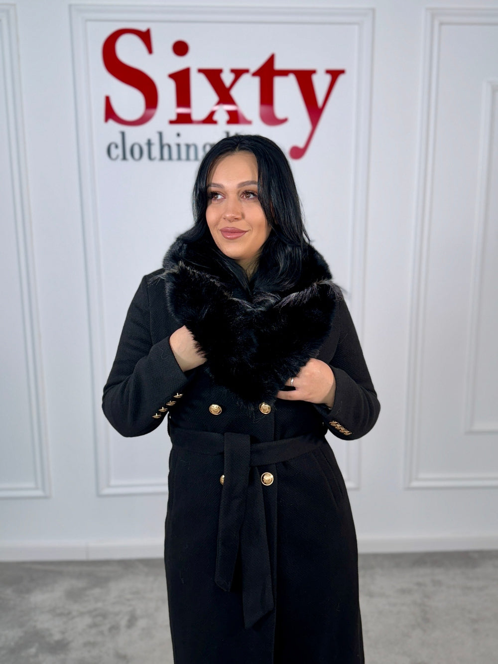 Palton stofa cu blana ecologica Sara