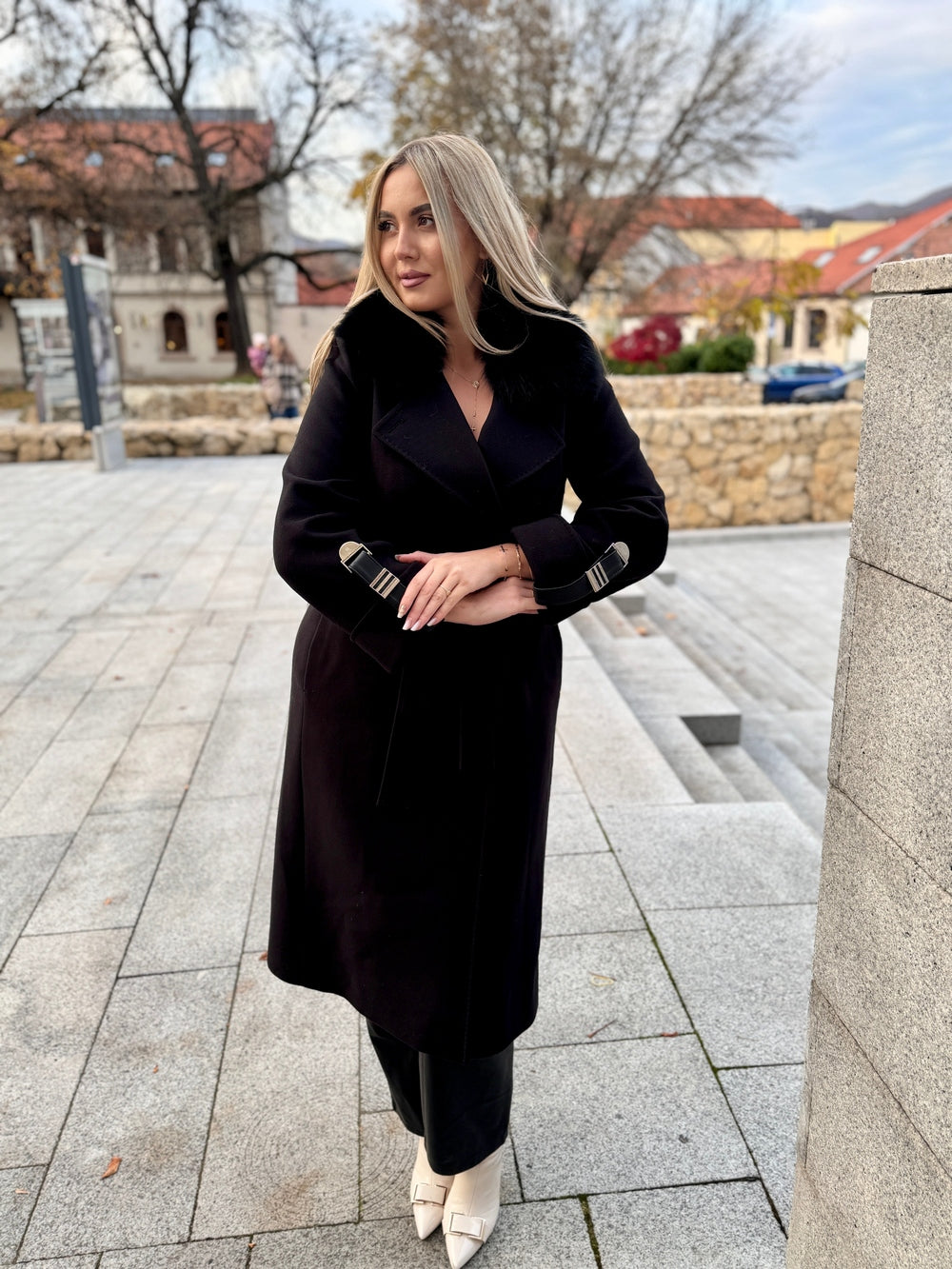 Palton lana si casmir cu blana naturala Amira