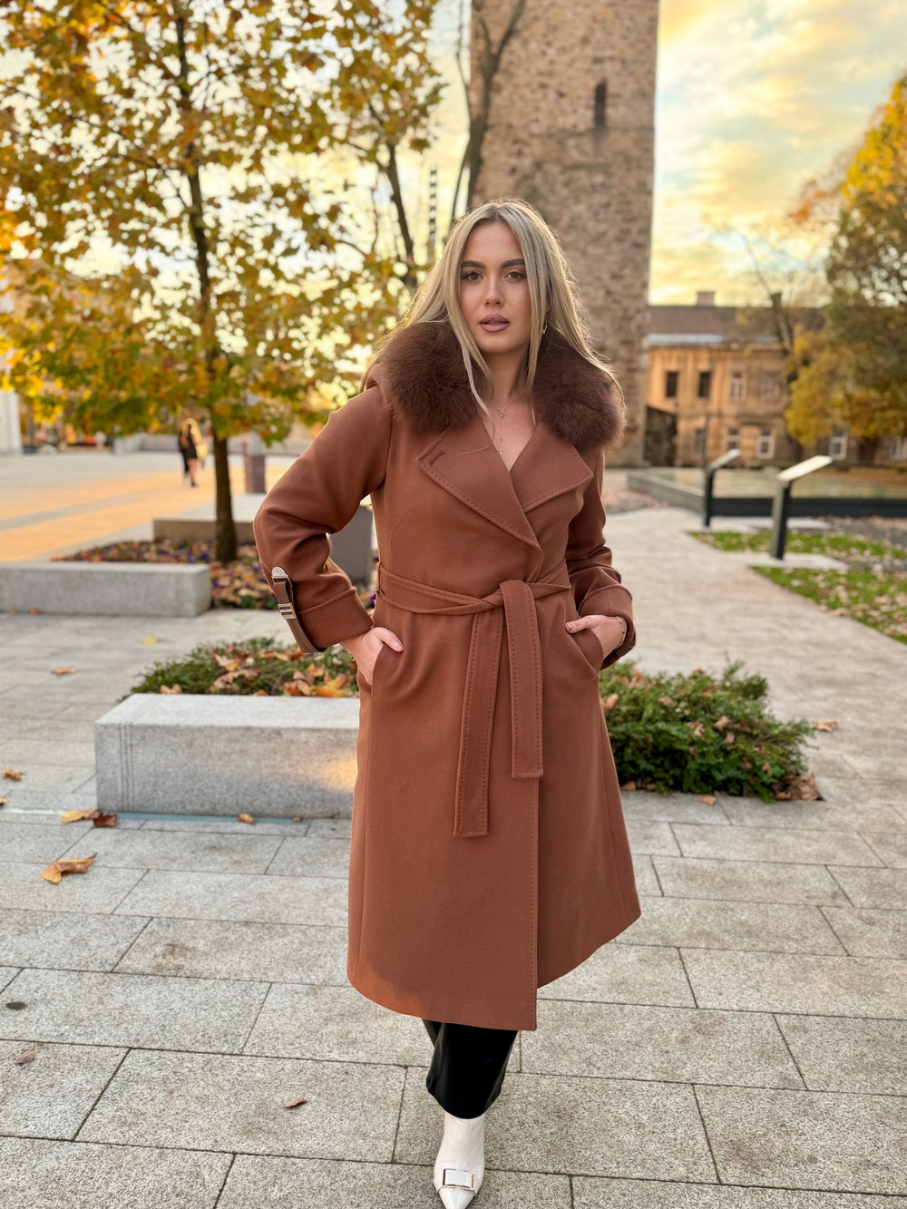 Palton lana si casmir cu blana naturala Amira