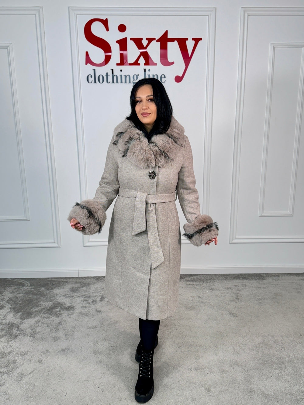 Palton stofa cu blana ecologica Mira