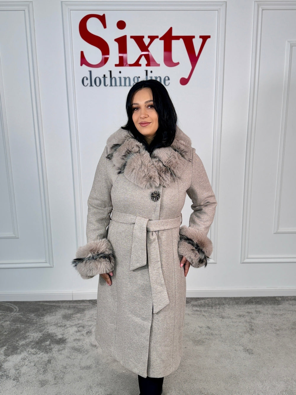 Palton stofa cu blana ecologica Mira