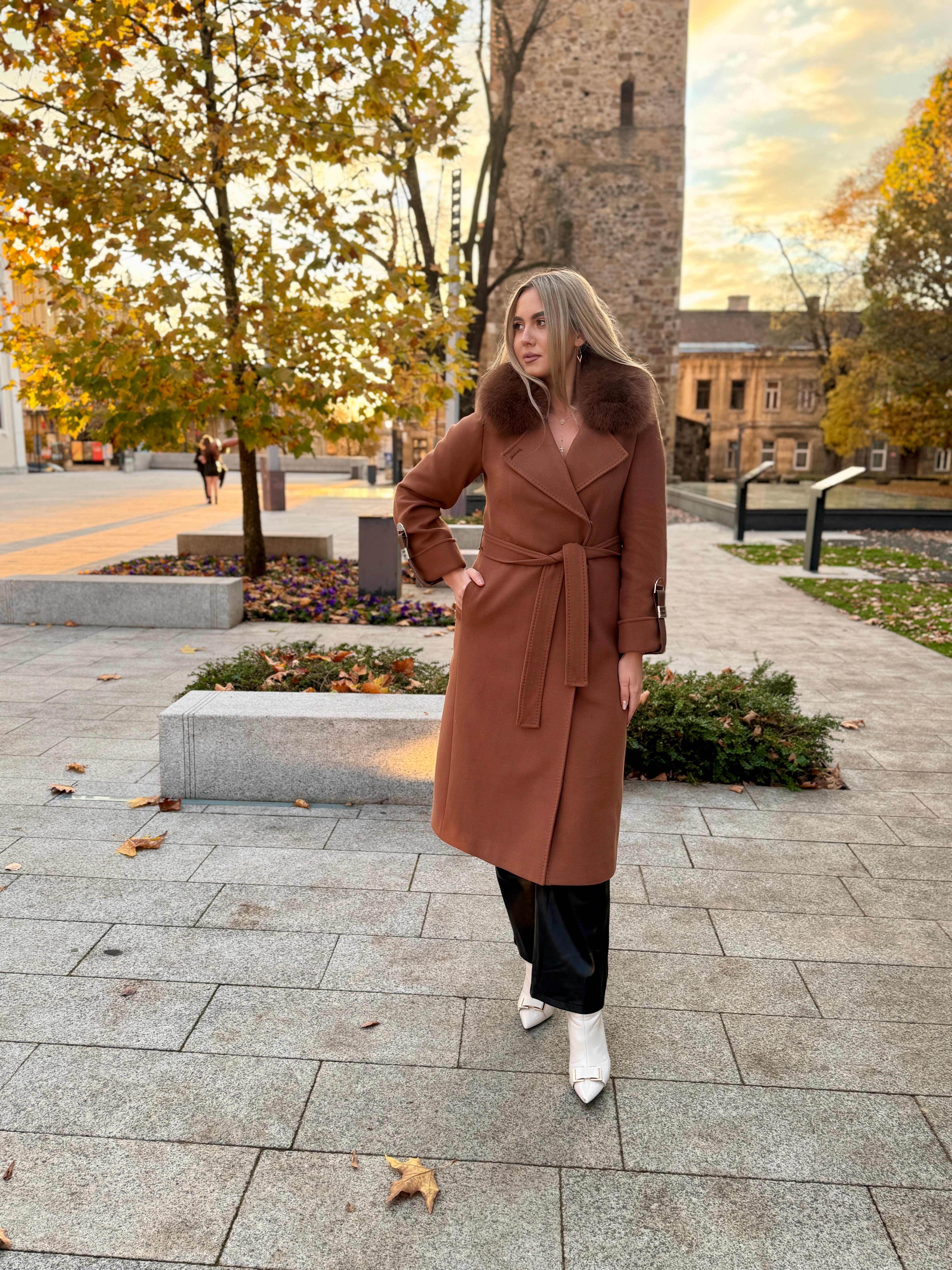 Palton lana si casmir cu blana naturala Amira