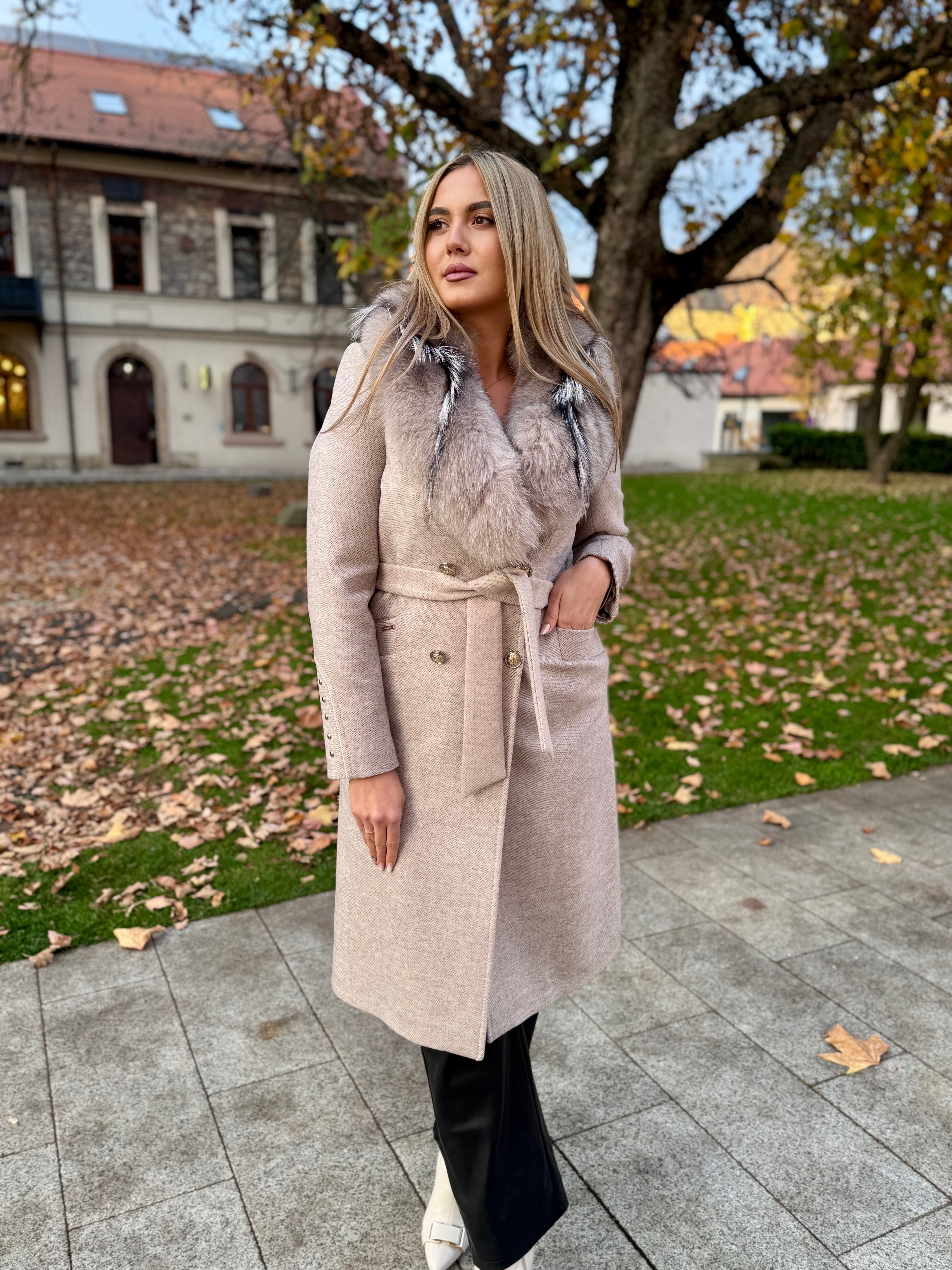 Palton lana si casmir cu blana naturala Klara