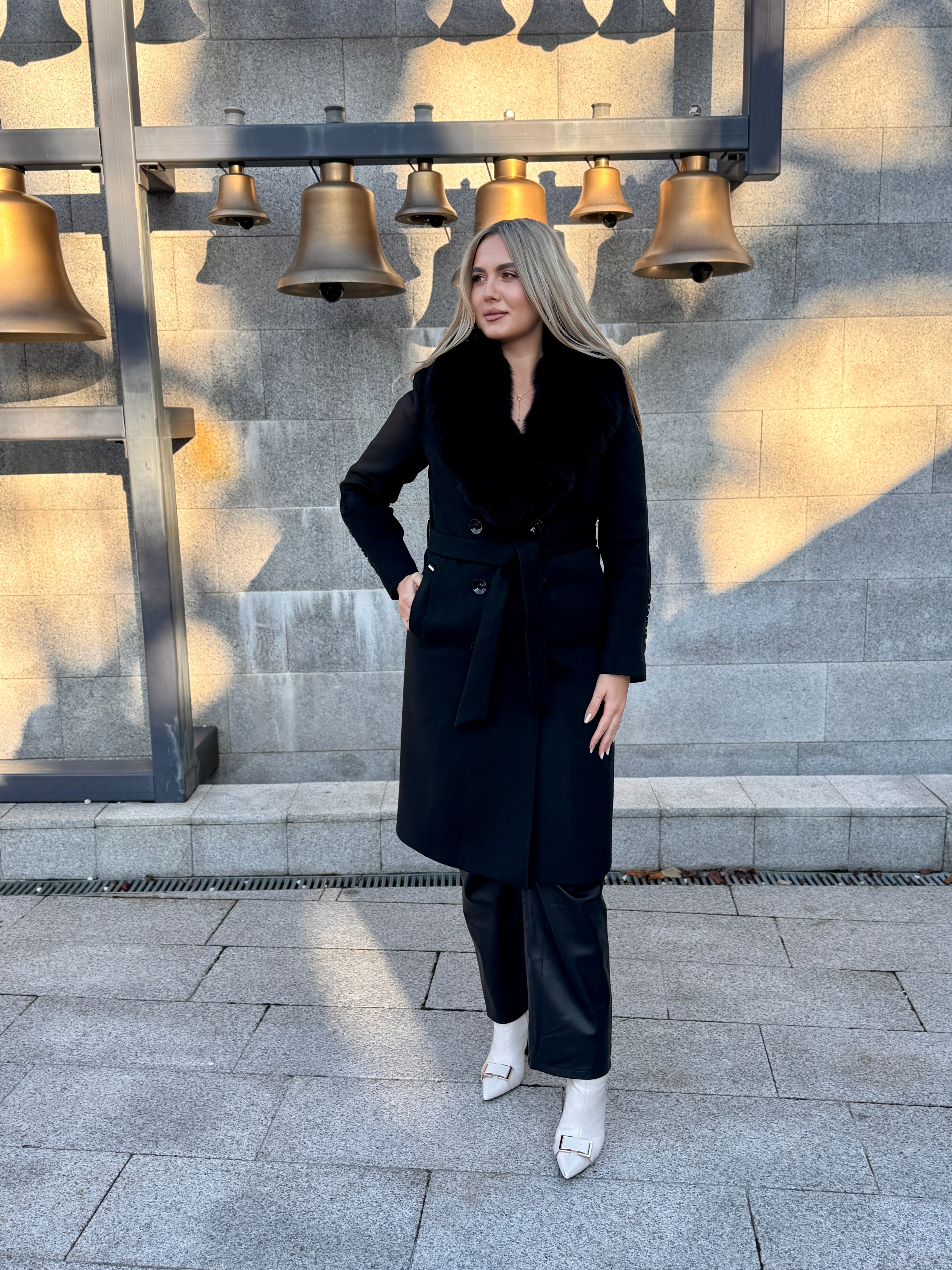 Palton lana si casmir cu blana naturala Kamira