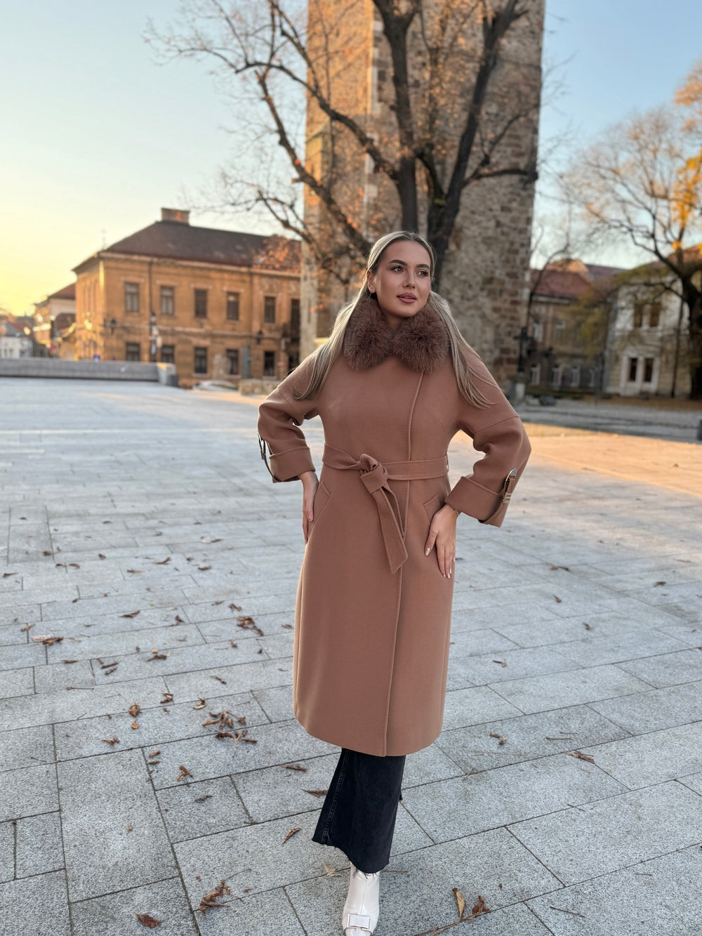 Palton lana si casmir cu blana naturala Tania