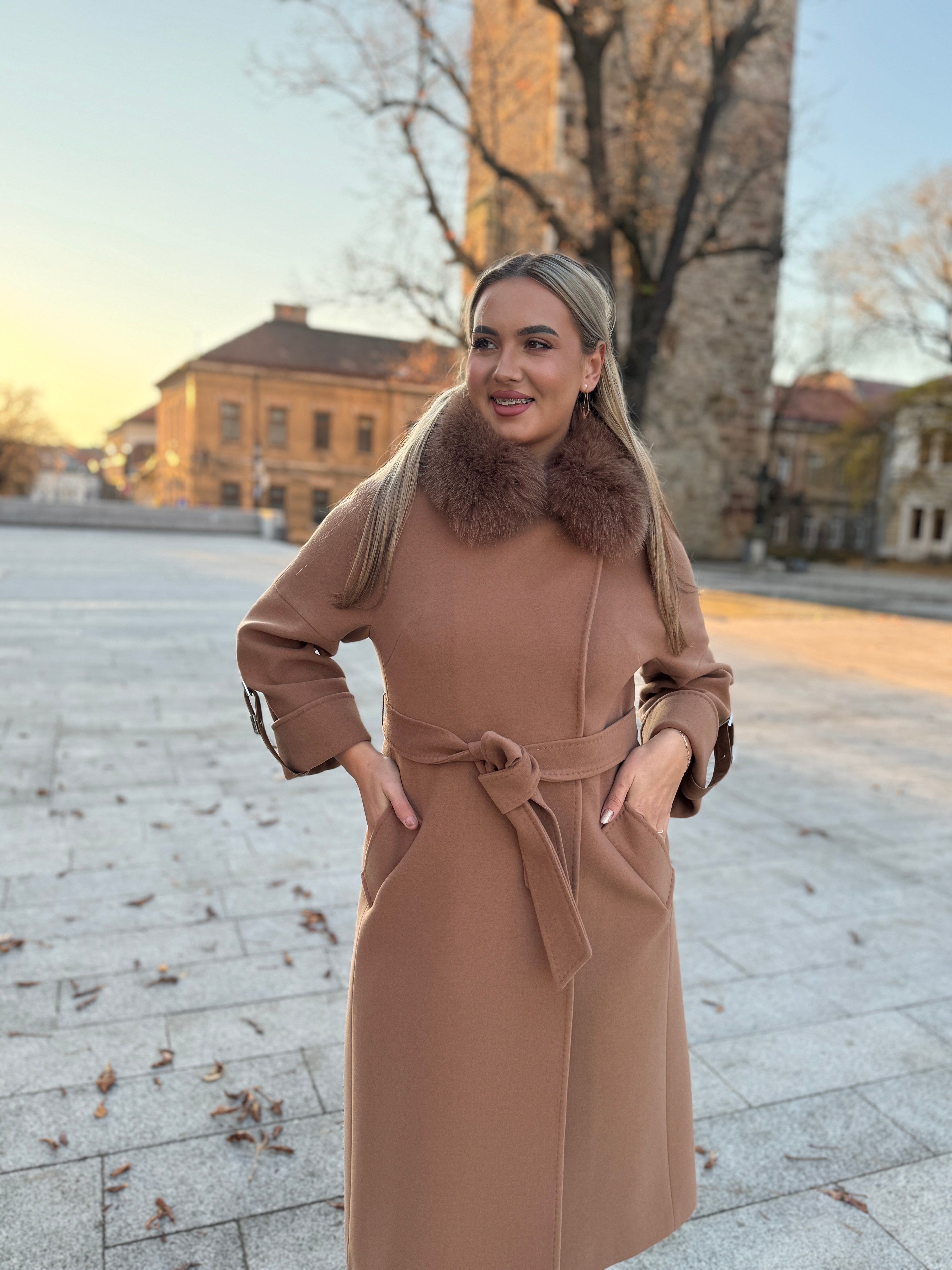 Palton lana si casmir cu blana naturala Tania