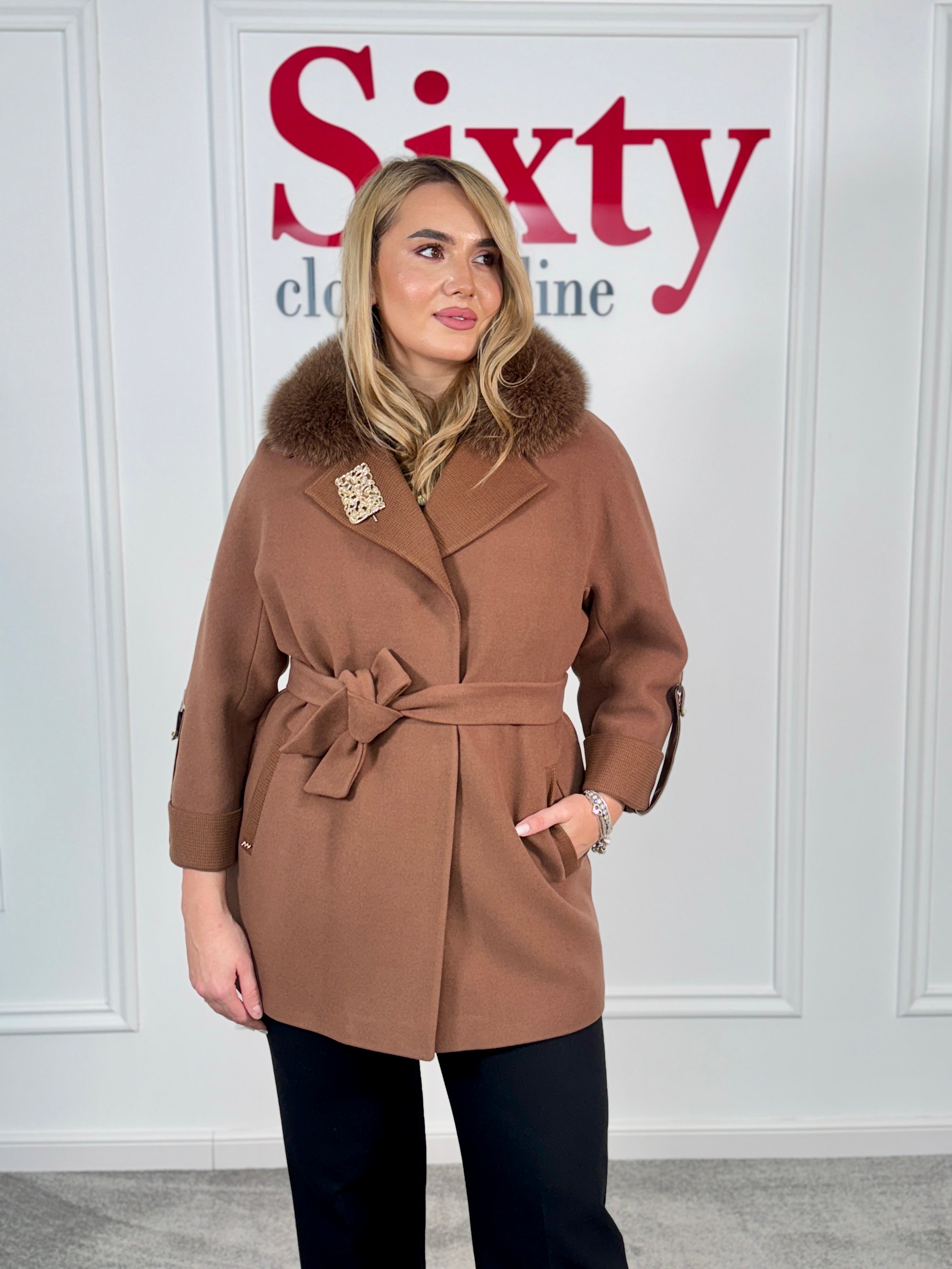 Palton lana si casmir cu blana naturala Sia