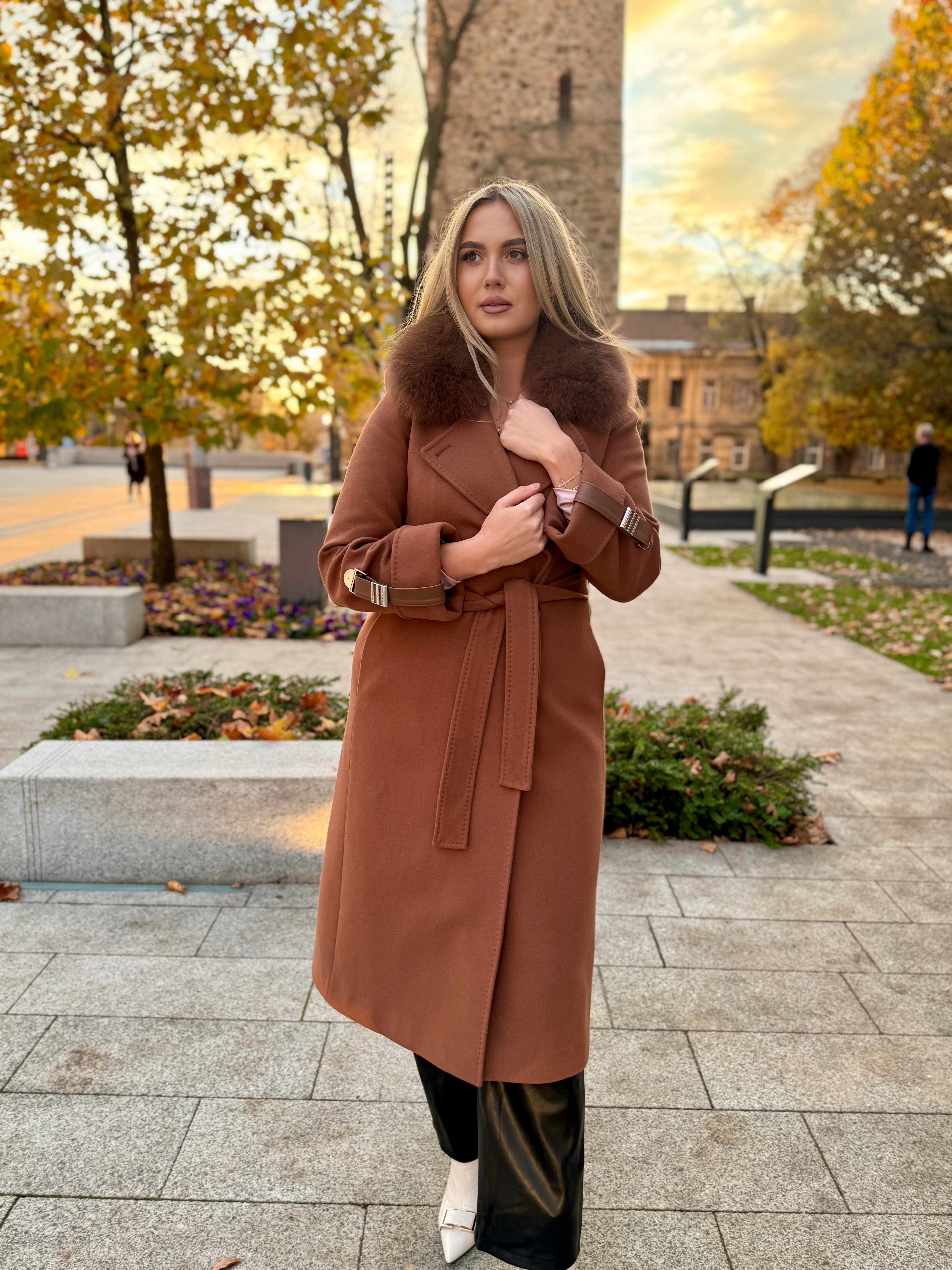 Palton lana si casmir cu blana naturala Amira