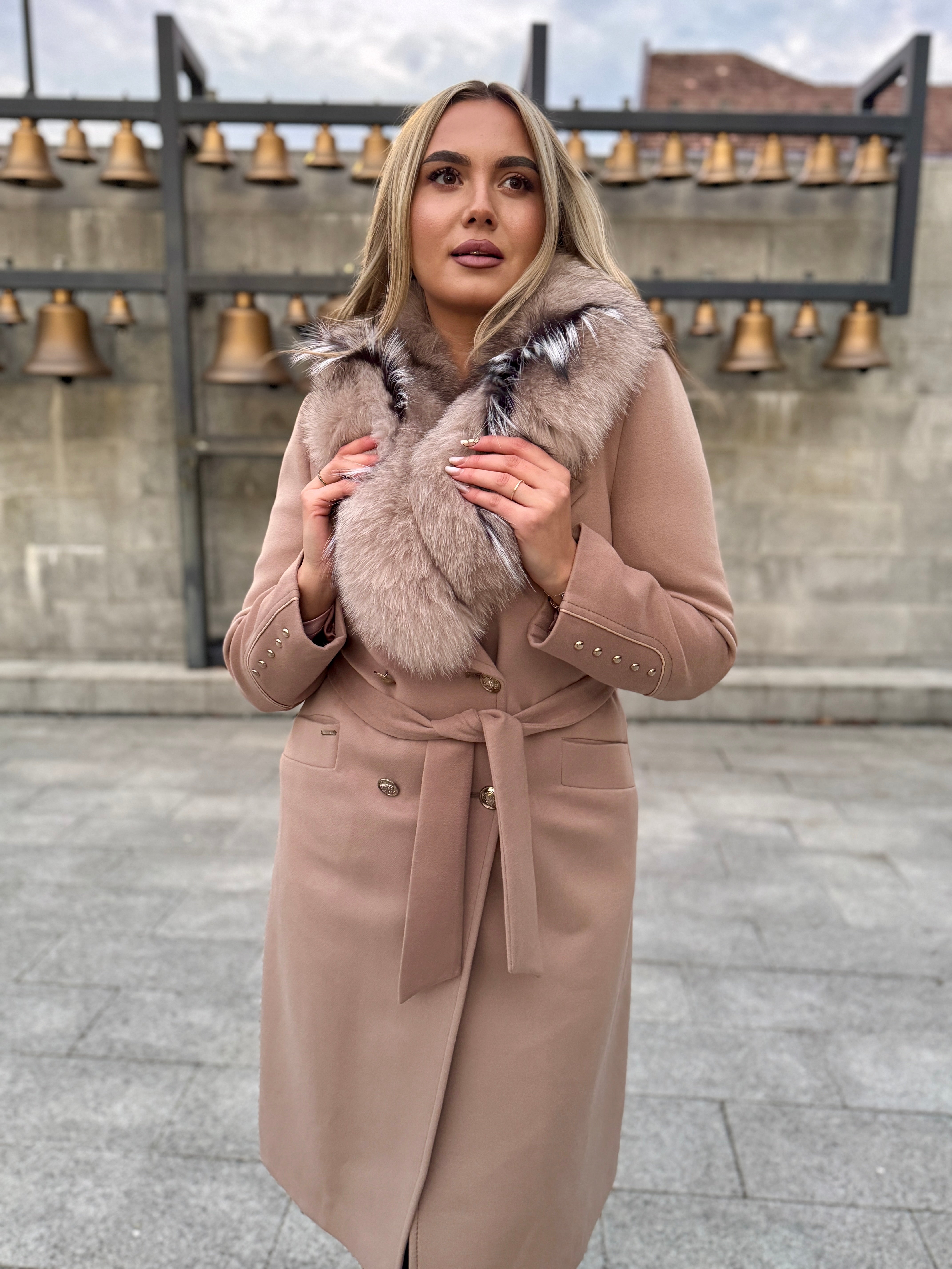 Palton lana si casmir cu blana naturala Klara