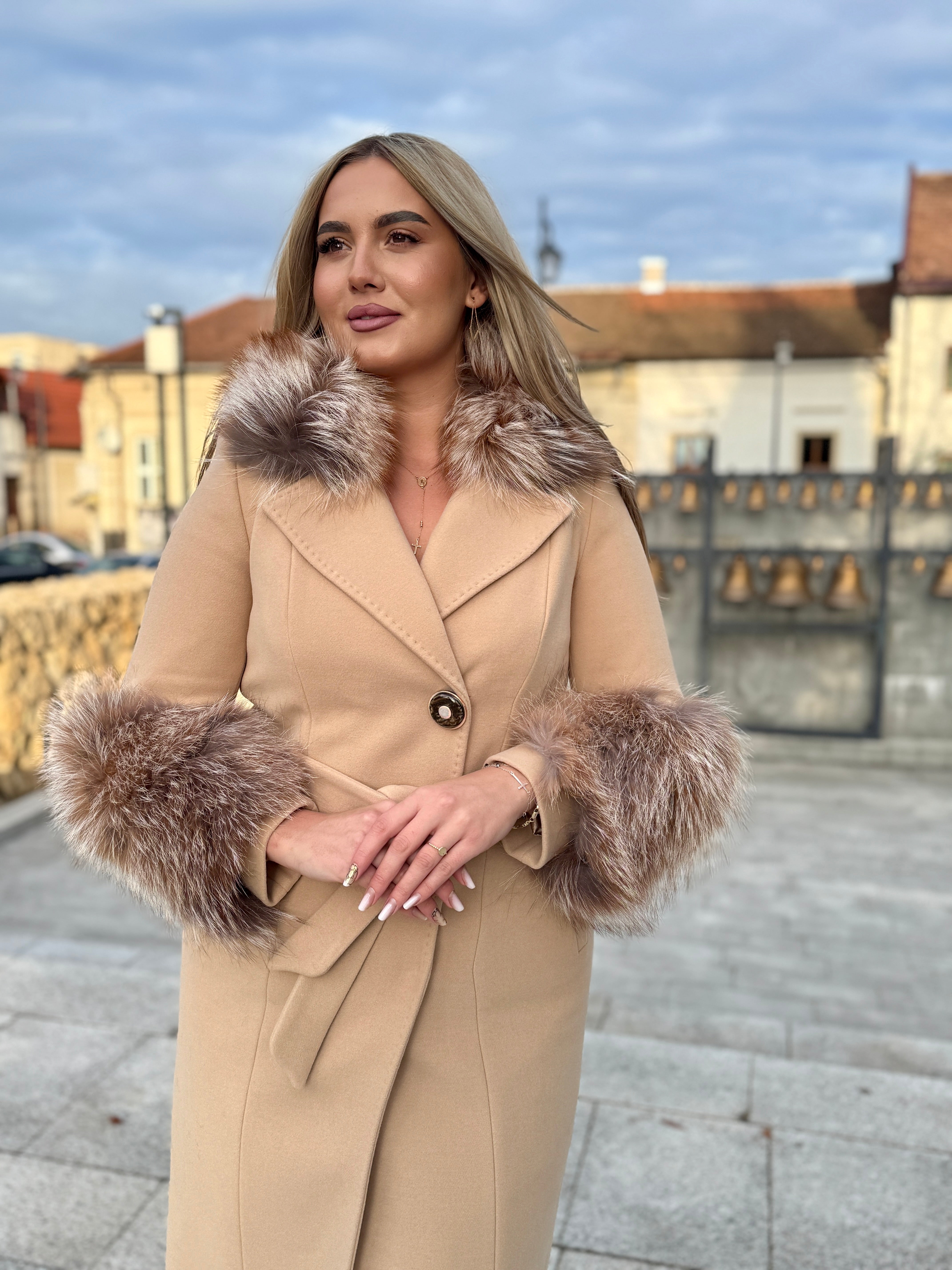 Palton lana si casmir cu blana naturala Olivia