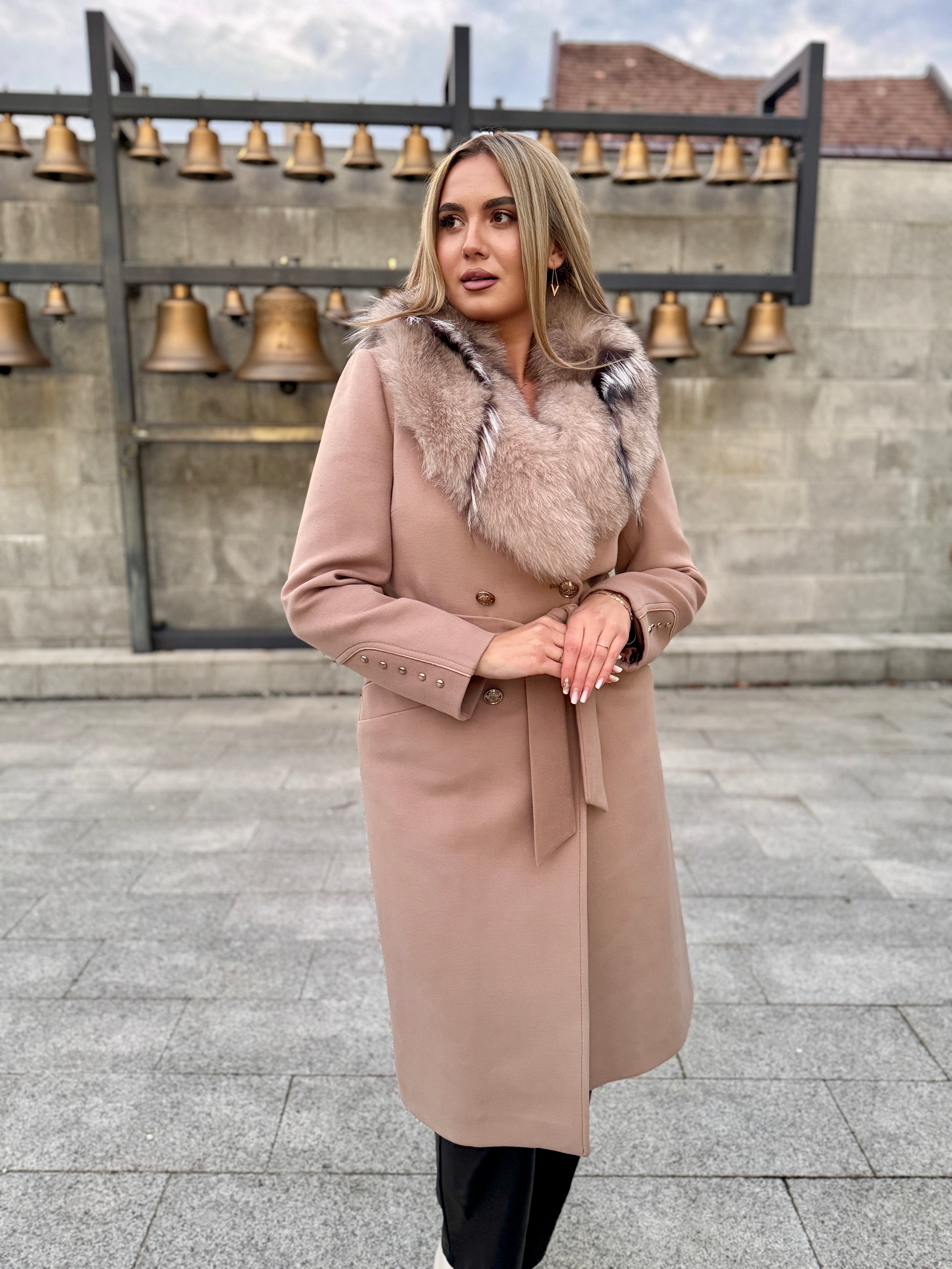 Palton lana si casmir cu blana naturala Klara