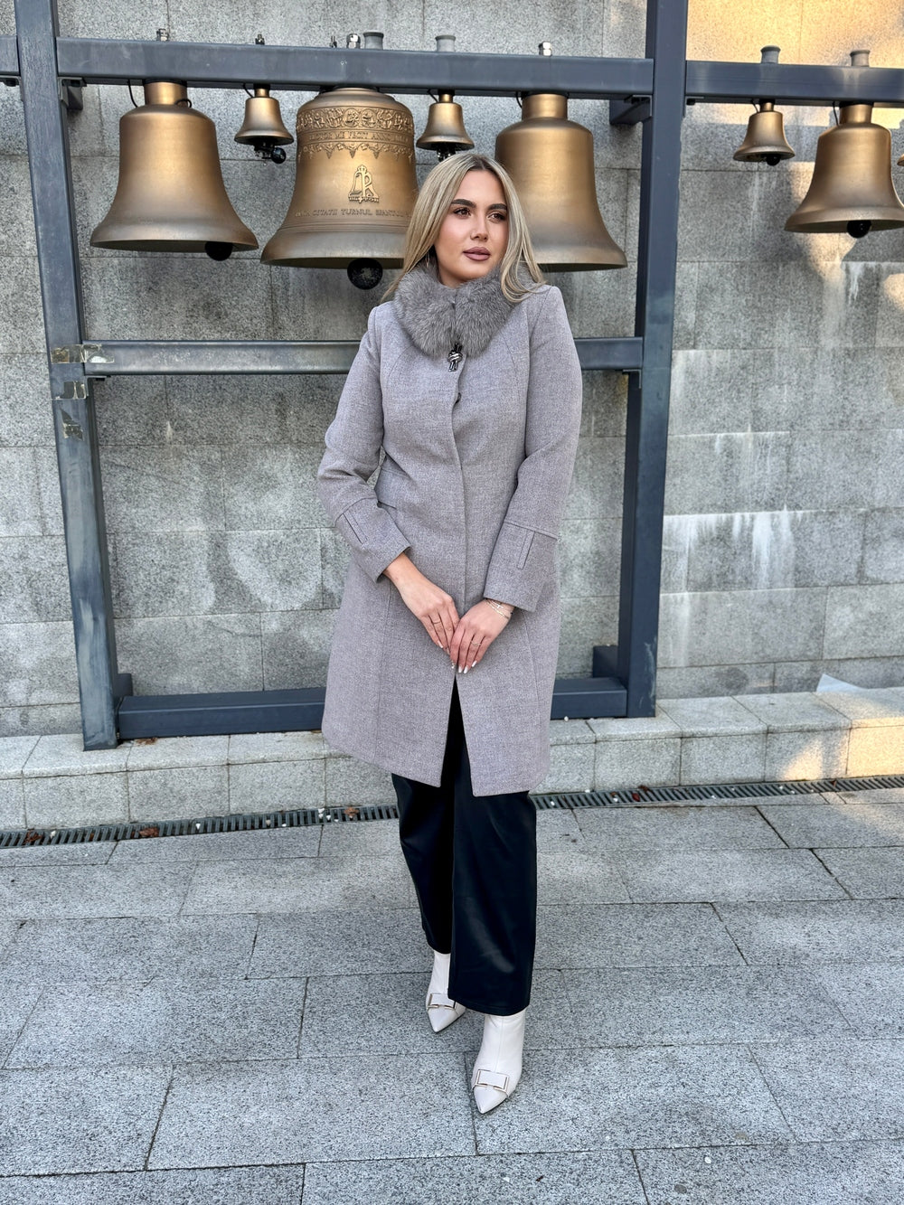 Palton lana si casmir cu blana naturala Eva