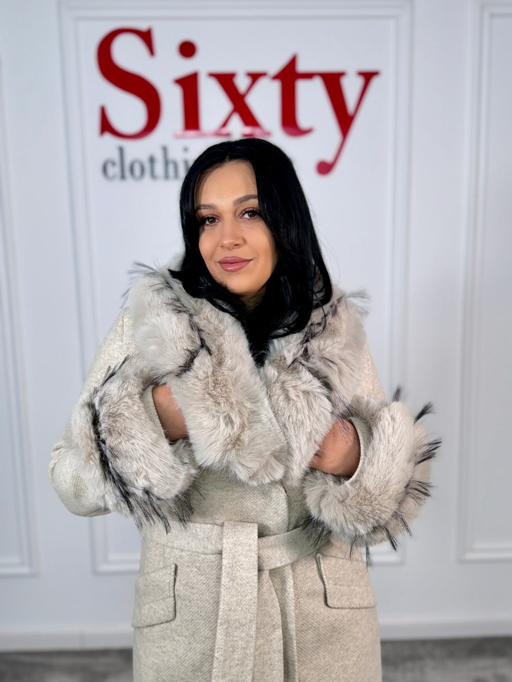 Palton stofa cu blana ecologică Bianka