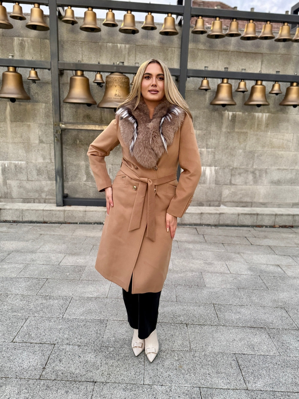 Palton lana si casmir cu blana naturala Klara