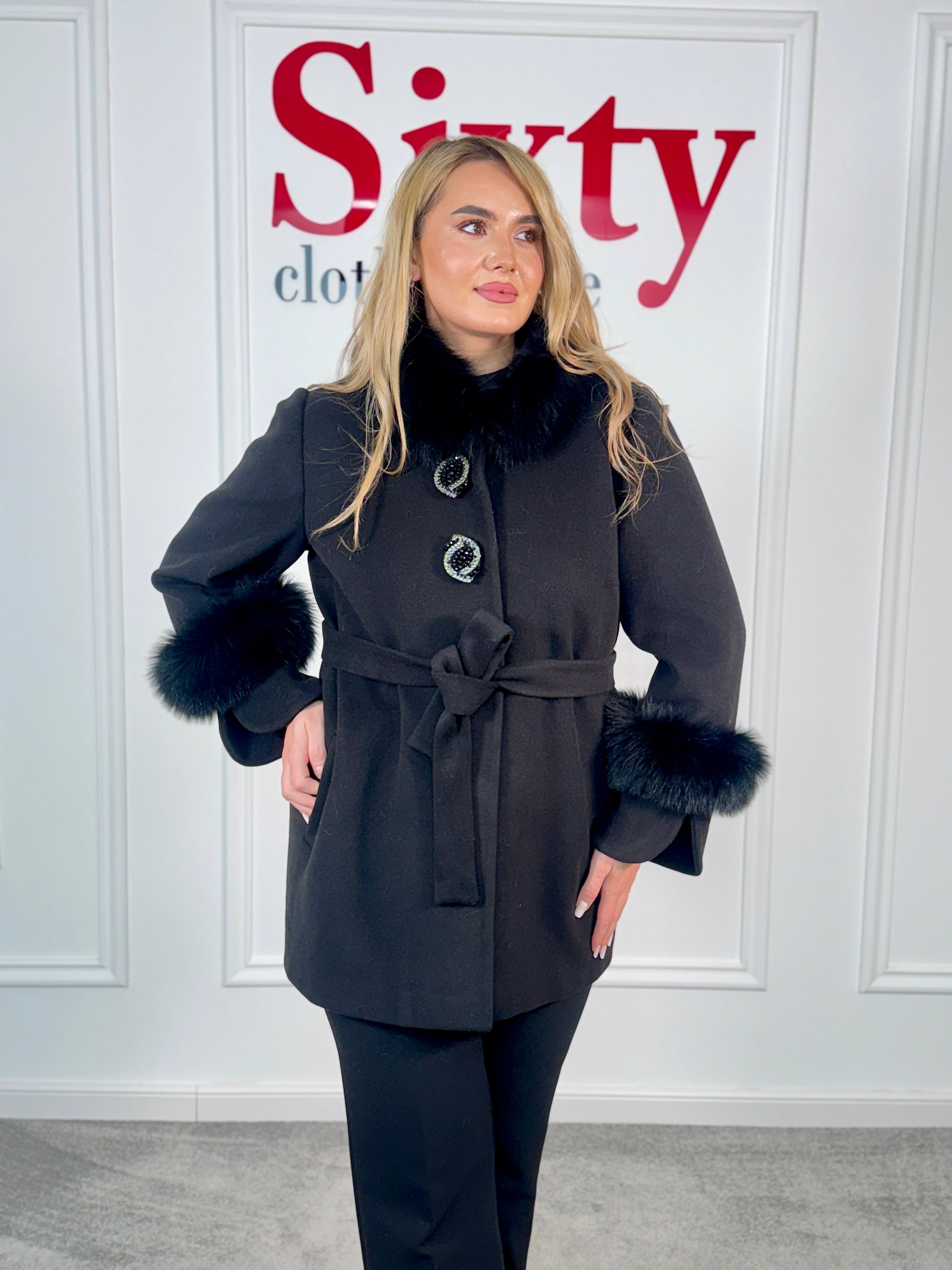 Palton lana si casmir cu blana naturala Selenia