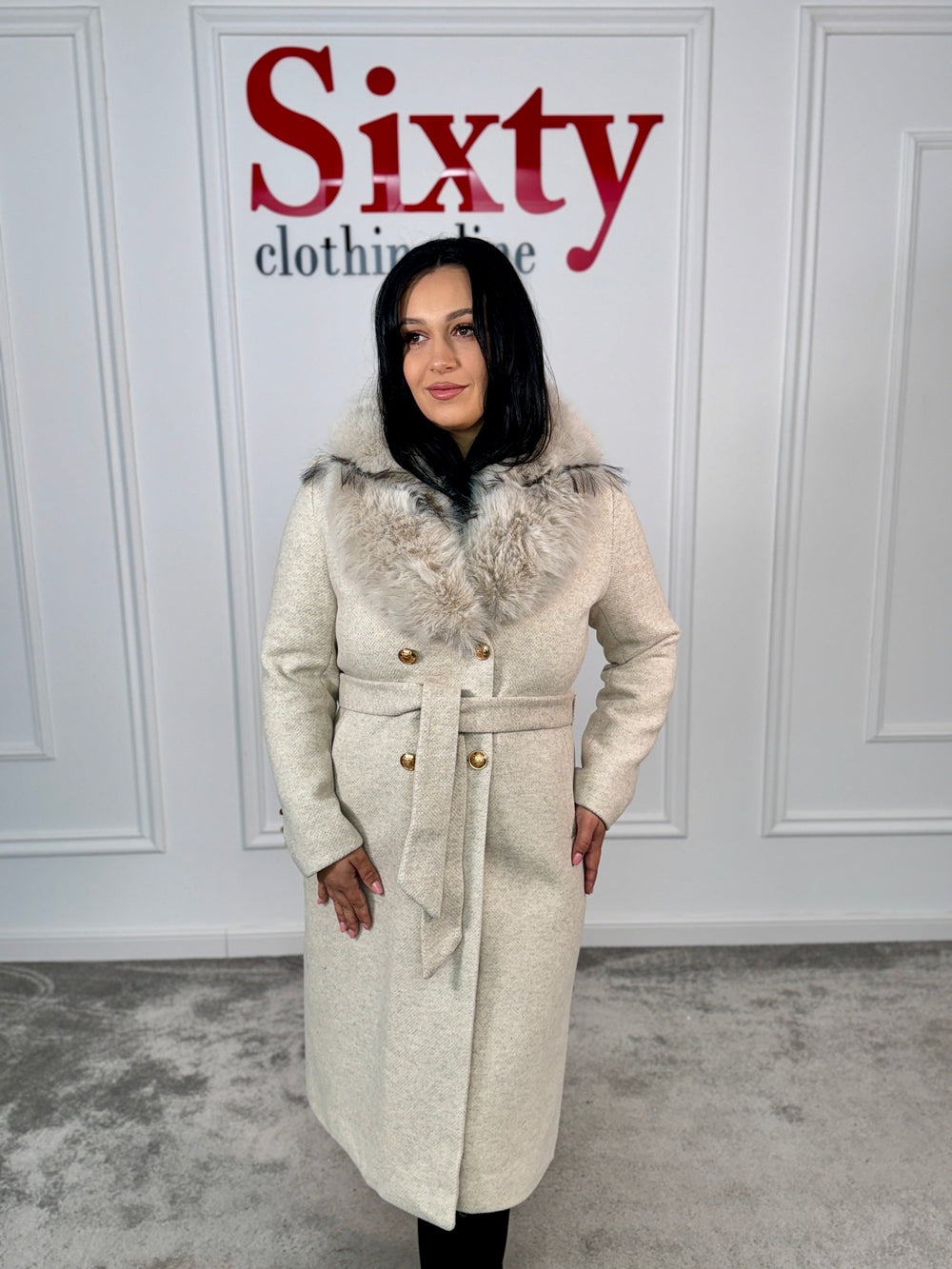 Palton stofa cu blana ecologica Sara