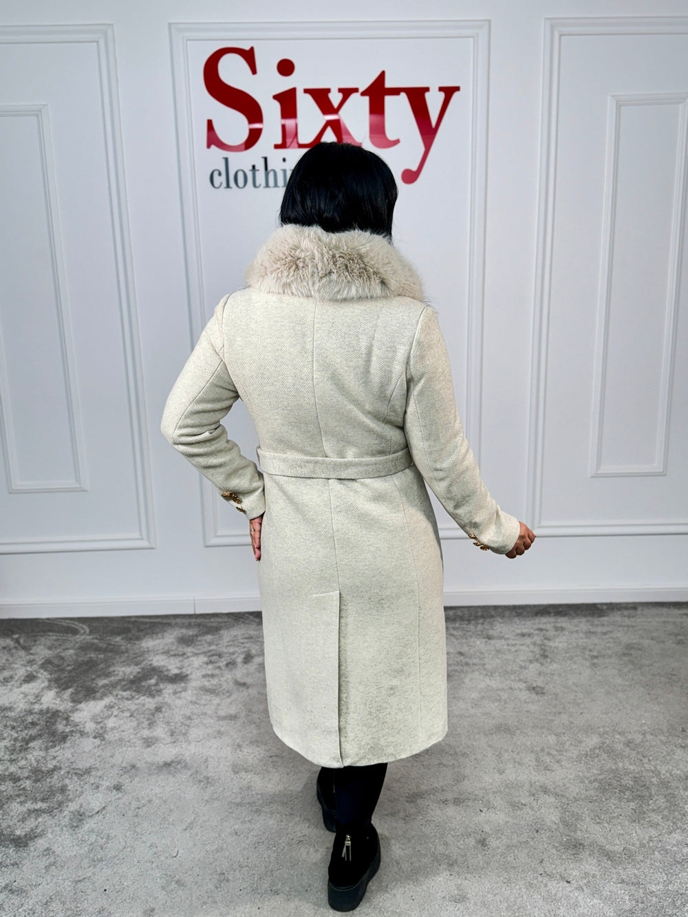 Palton stofa cu blana ecologica Sara