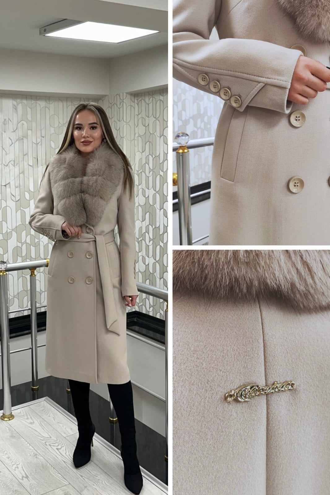 Palton lana si casmir cu blana naturala Eva