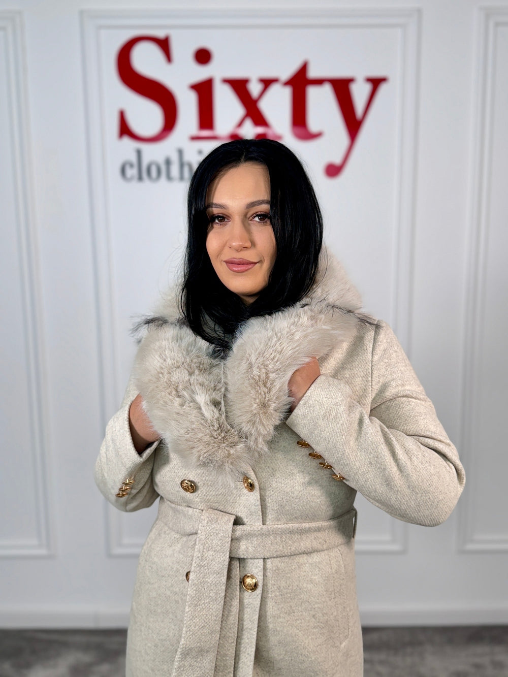 Palton stofa cu blana ecologica Sara