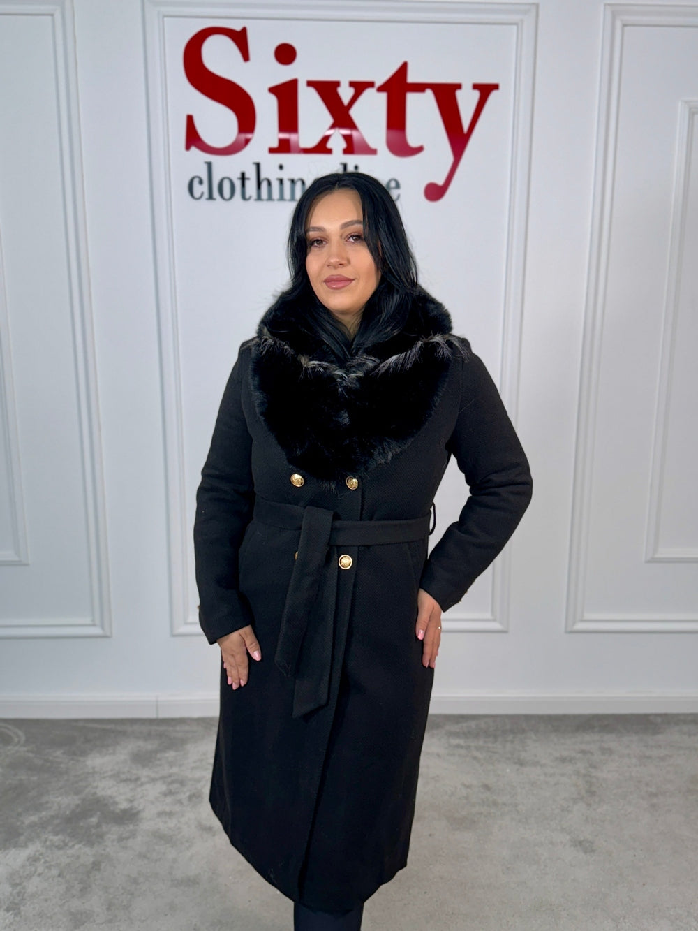 Palton stofa cu blana ecologica Sara