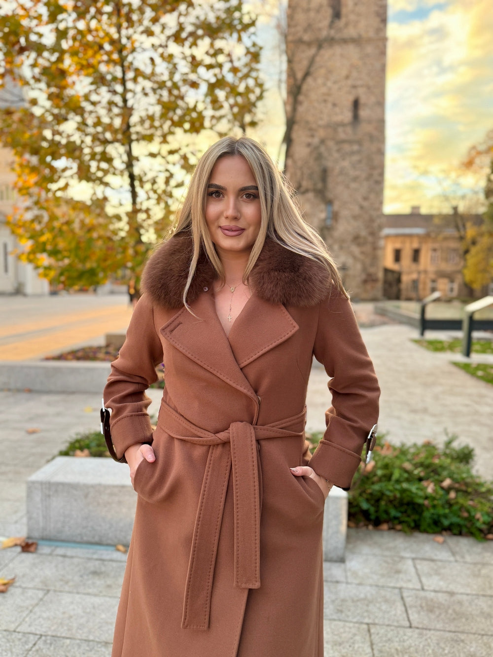 Palton lana si casmir cu blana naturala Amira