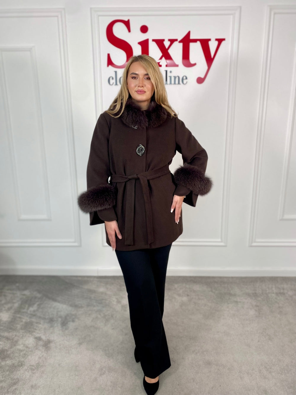 Palton lana si casmir cu blana naturala Selenia