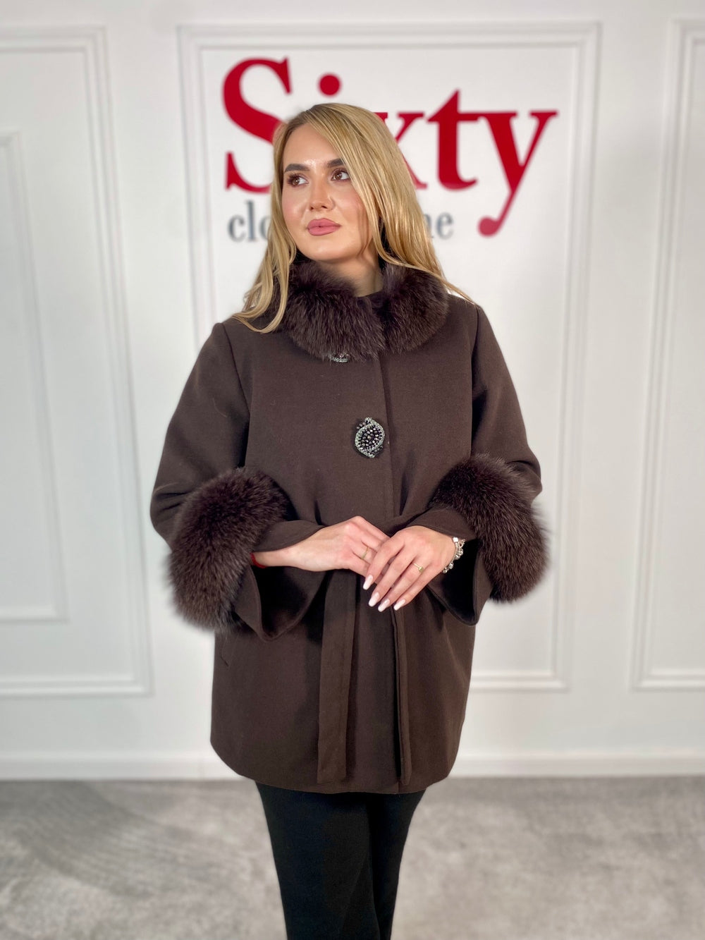 Palton lana si casmir cu blana naturala Selenia