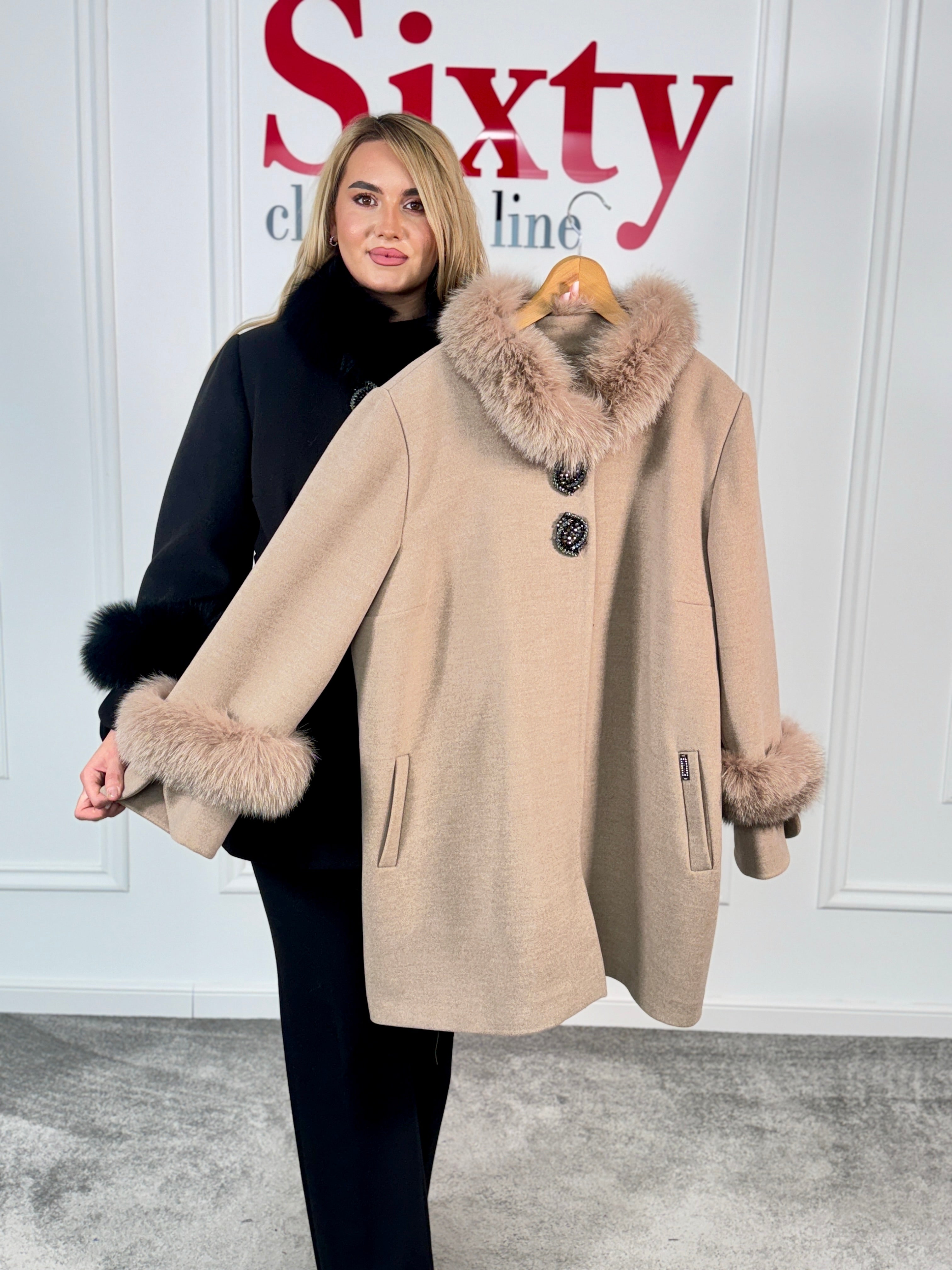 Palton lana si casmir cu blana naturala Selenia