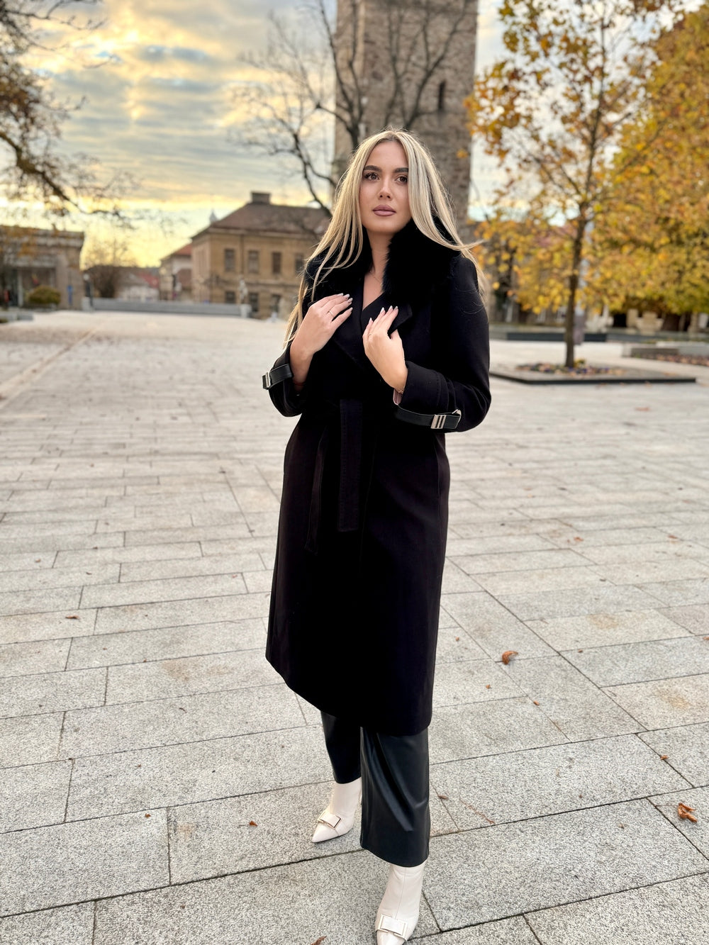 Palton lana si casmir cu blana naturala Amira