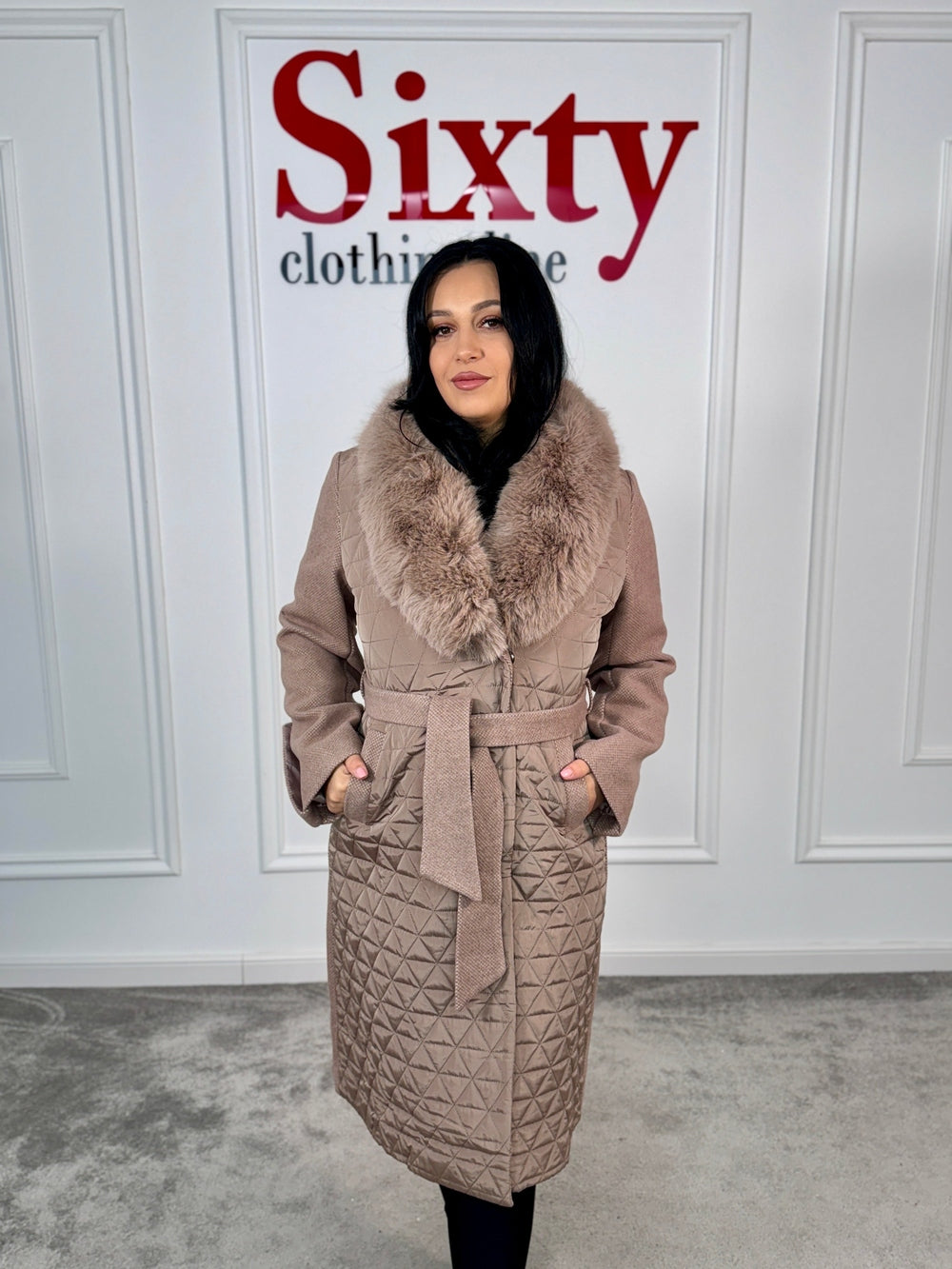 Palton stofa cu blana ecologica Nora