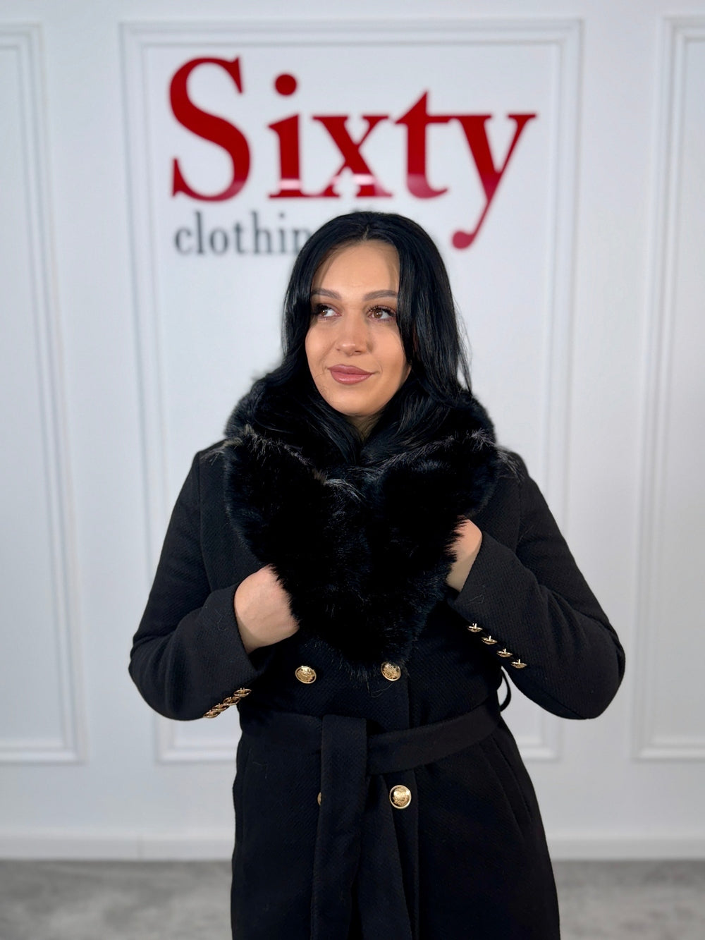 Palton stofa cu blana ecologica Sara