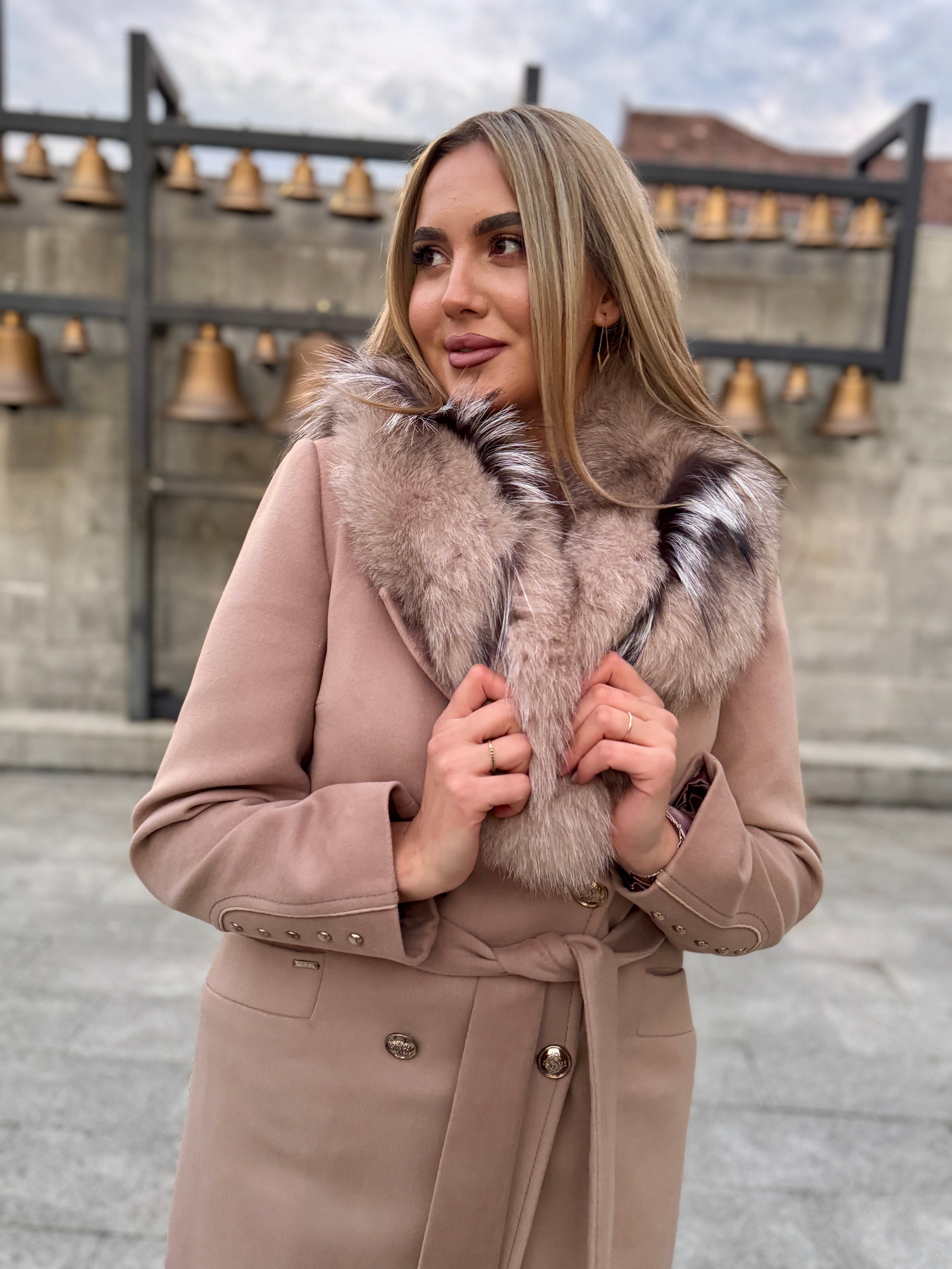 Palton lana si casmir cu blana naturala Klara