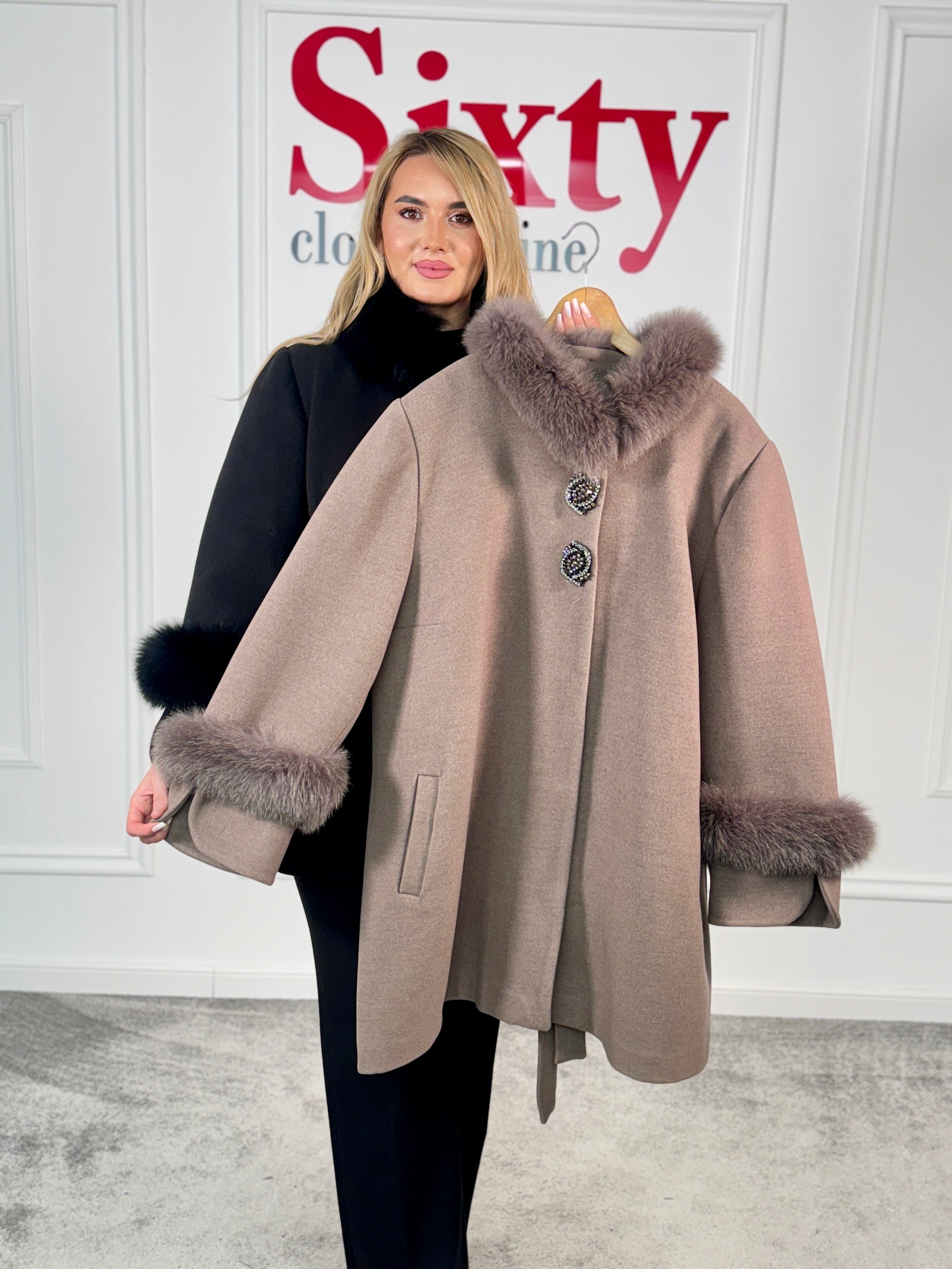 Palton lana si casmir cu blana naturala Selenia