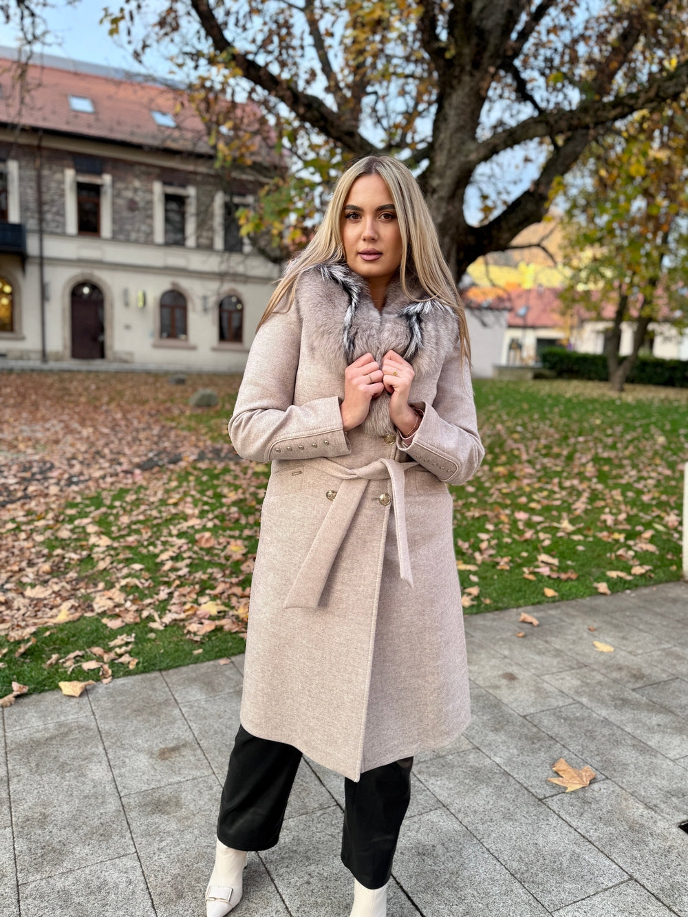 Palton lana si casmir cu blana naturala Klara