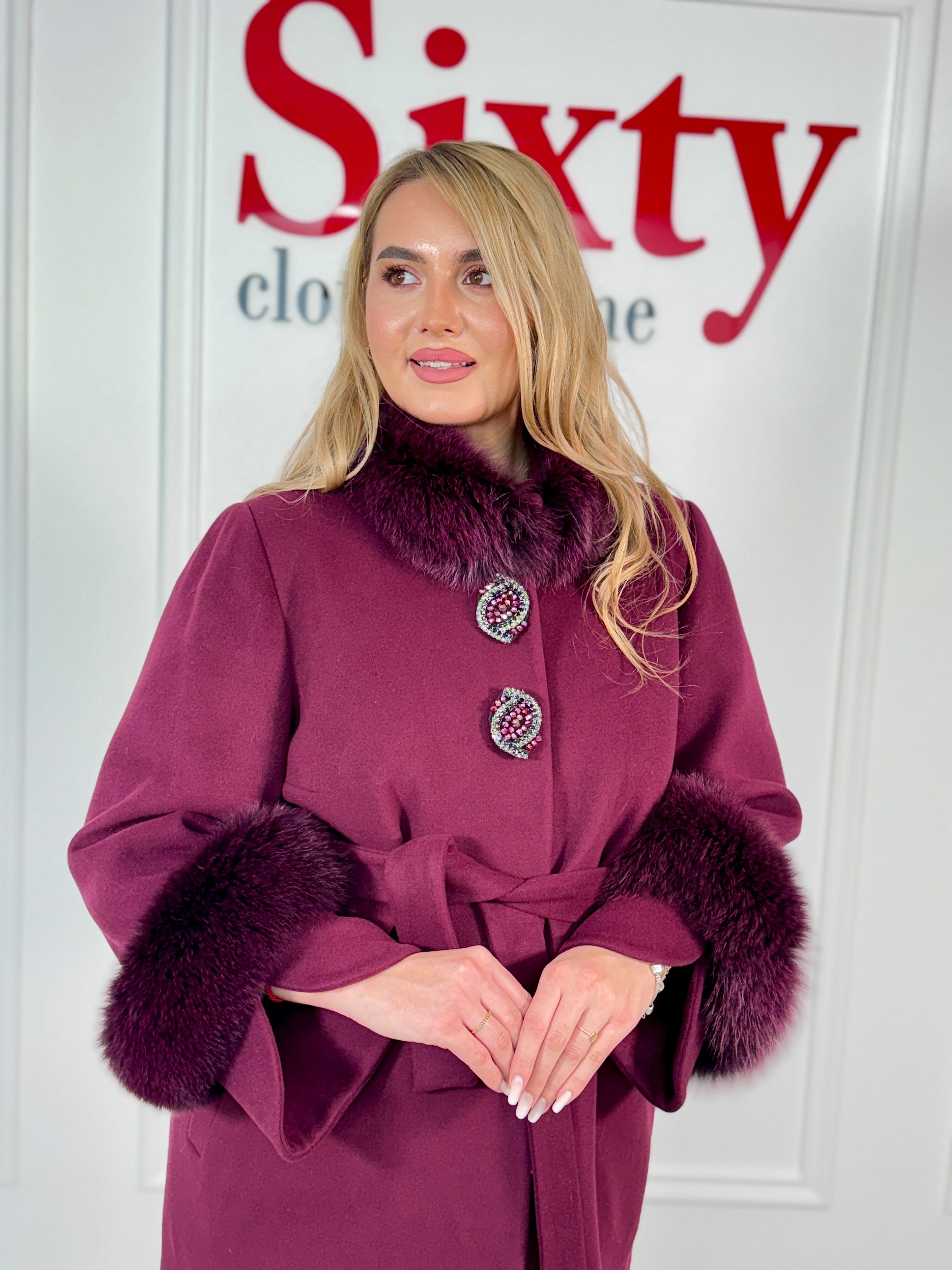 Palton lana si casmir cu blana naturala Selenia