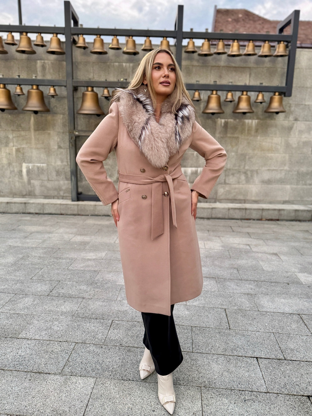 Palton lana si casmir cu blana naturala Klara