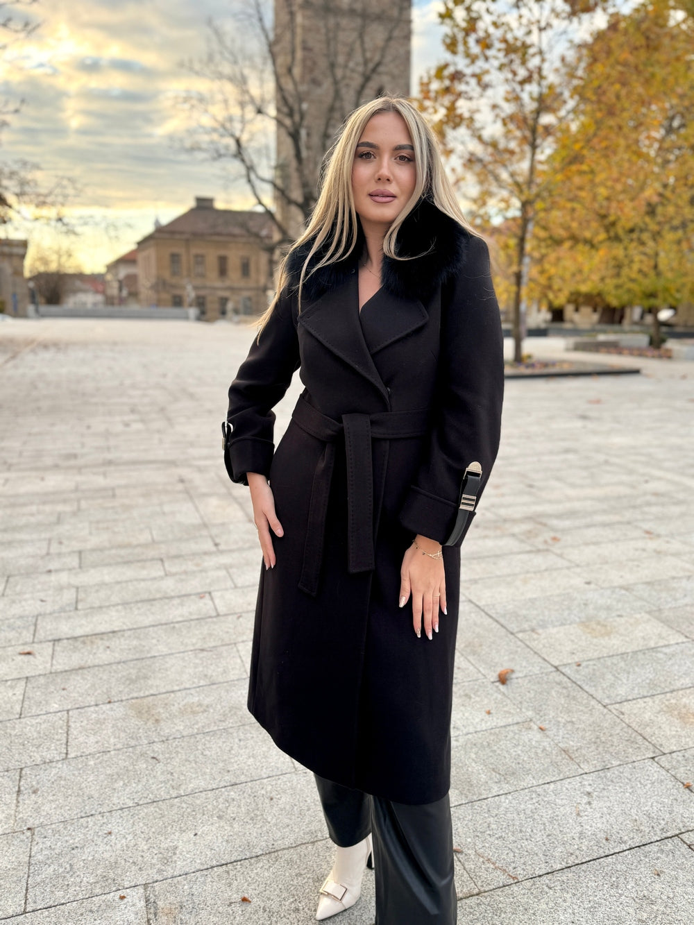 Palton lana si casmir cu blana naturala Amira