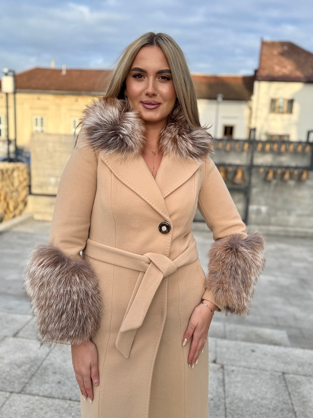 Palton lana si casmir cu blana naturala Olivia