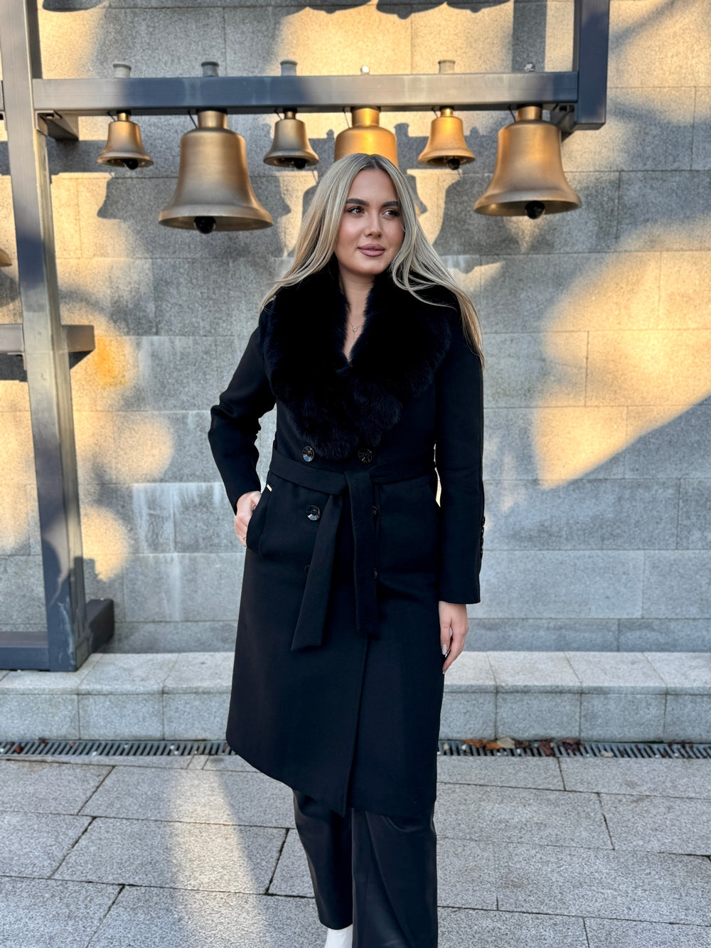 Palton lana si casmir cu blana naturala Kamira