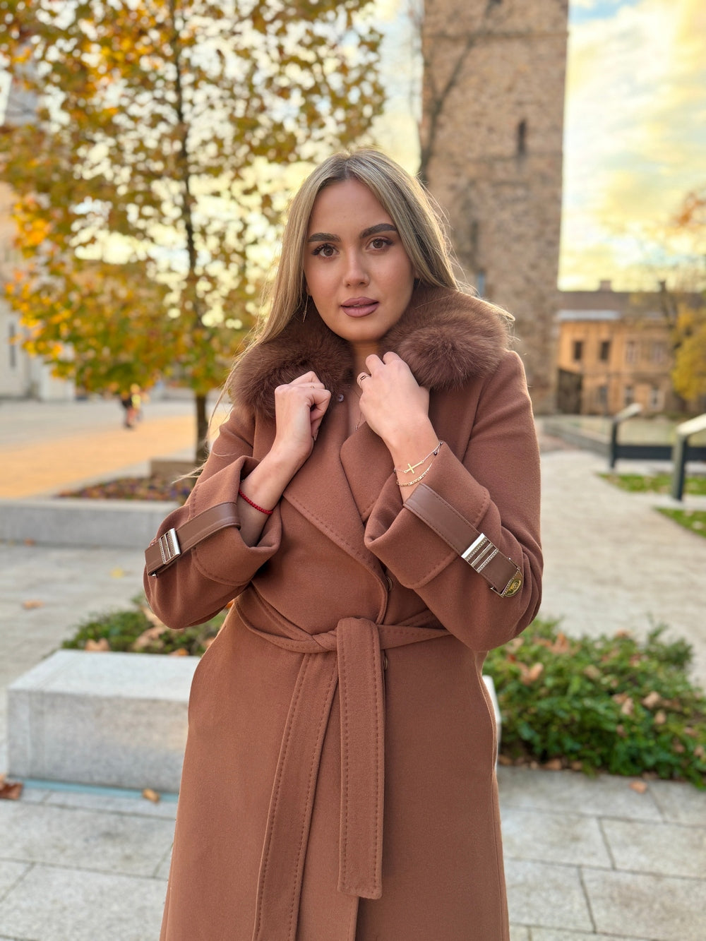 Palton lana si casmir cu blana naturala Amira