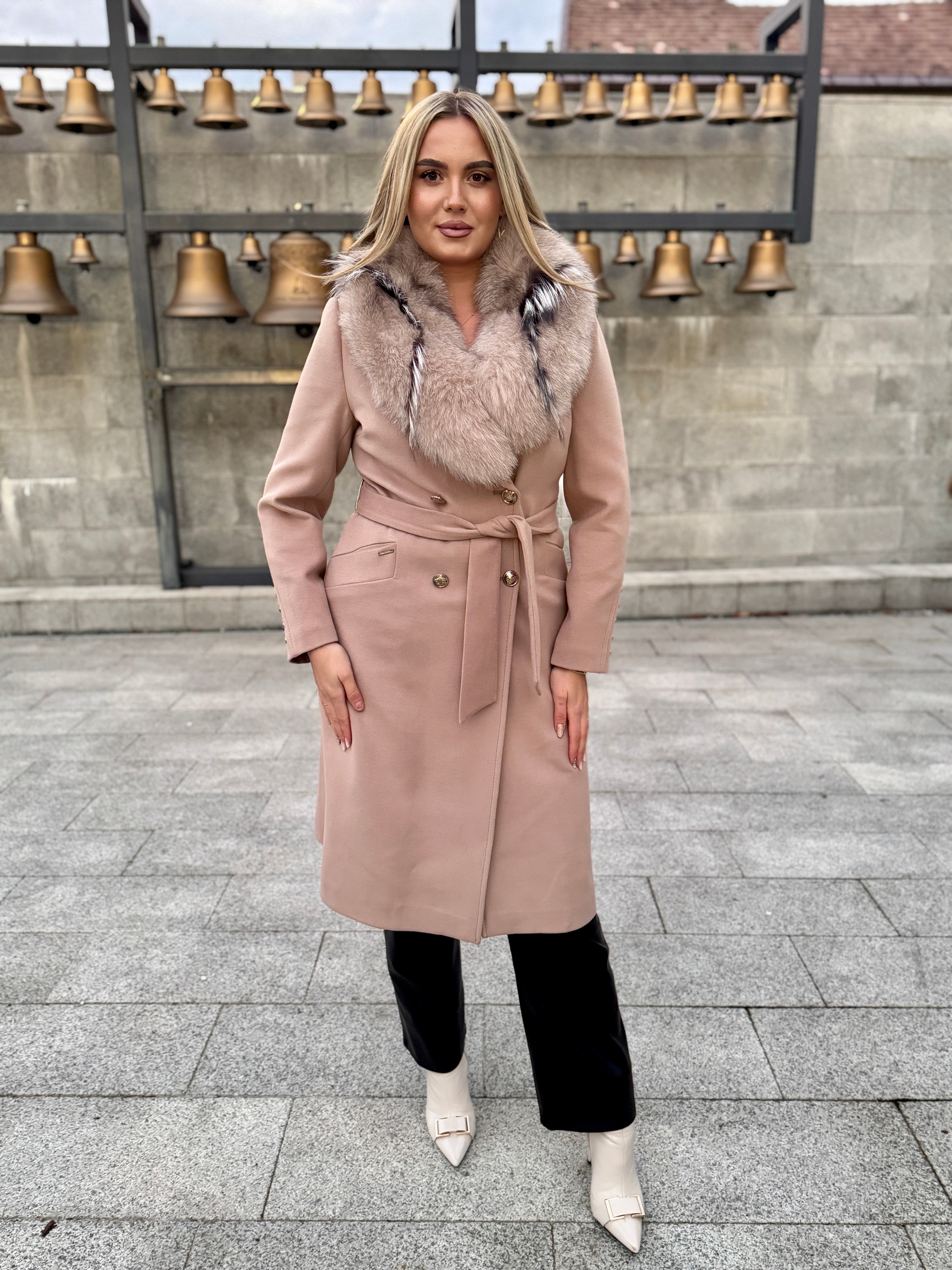 Palton lana si casmir cu blana naturala Klara