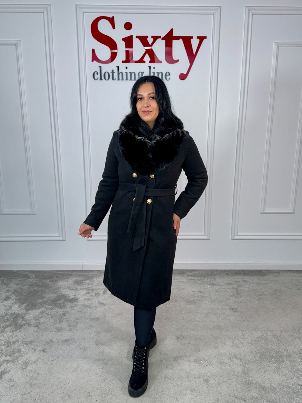 Palton stofa cu blana ecologica Sara