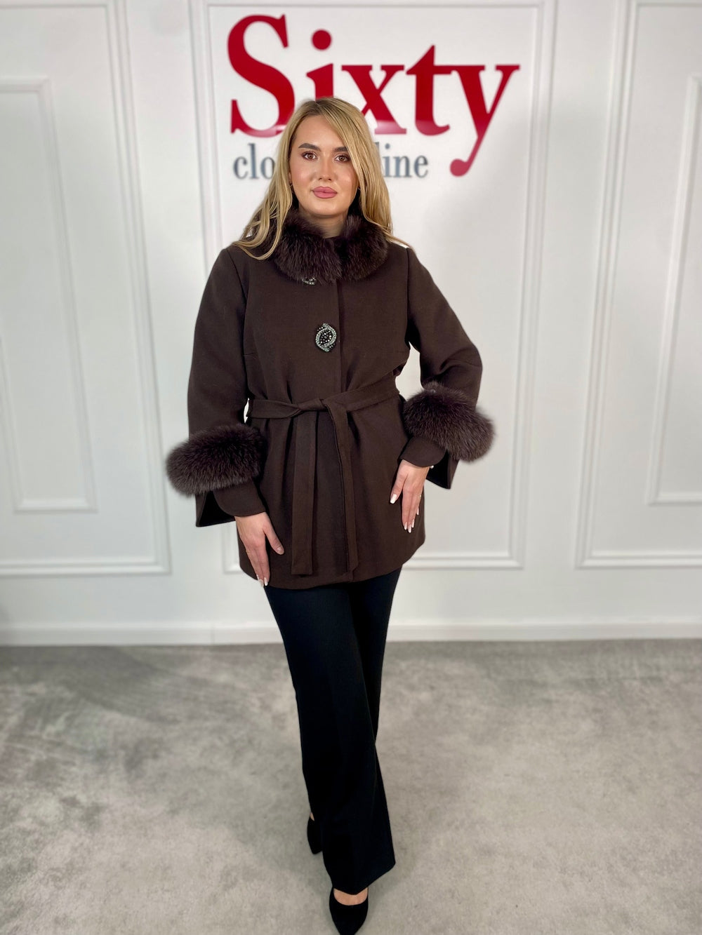 Palton lana si casmir cu blana naturala Selenia